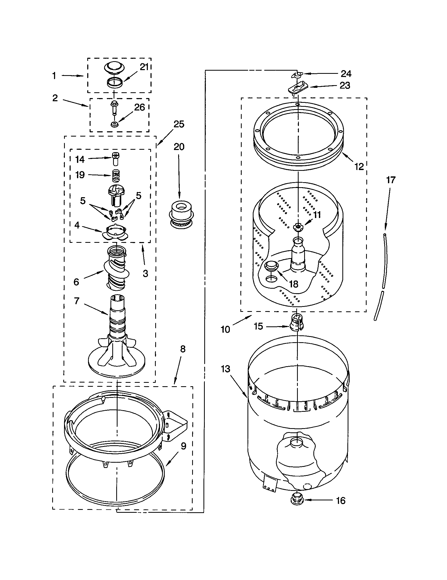 AGITATOR, BASKET AND TUB
