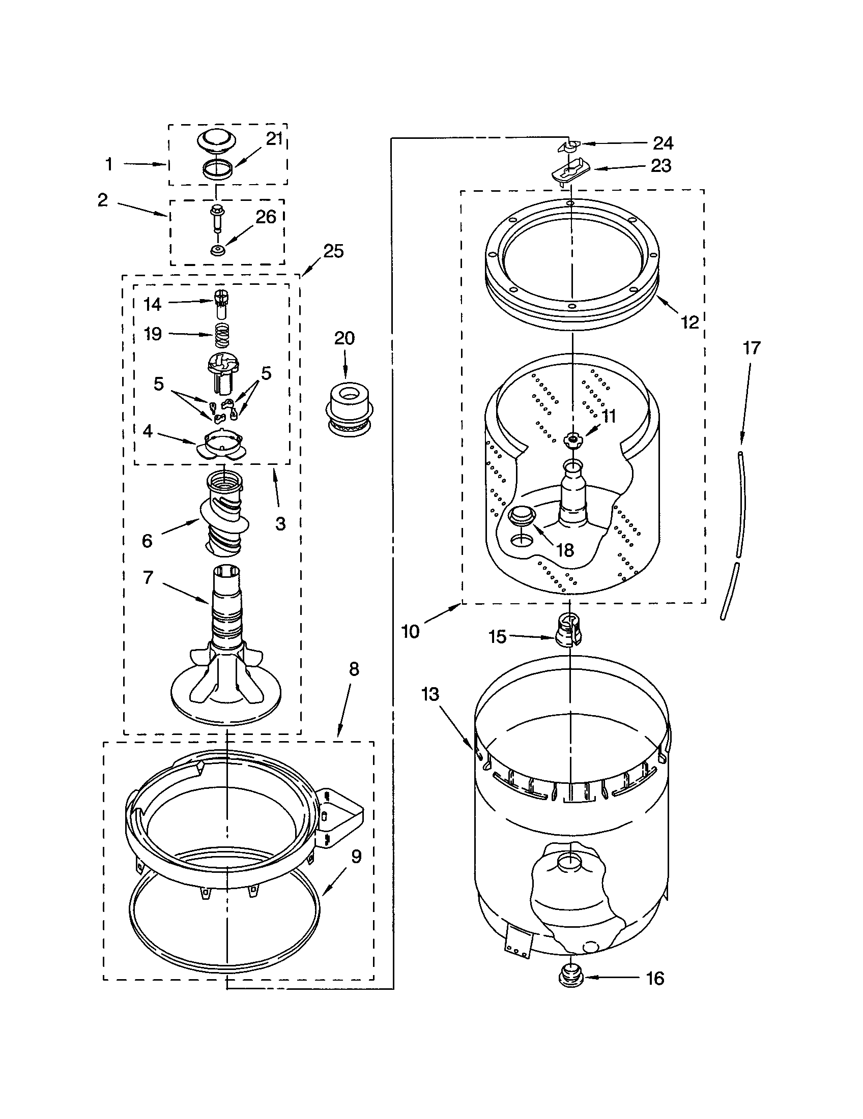 AGITATOR, BASKET AND TUB