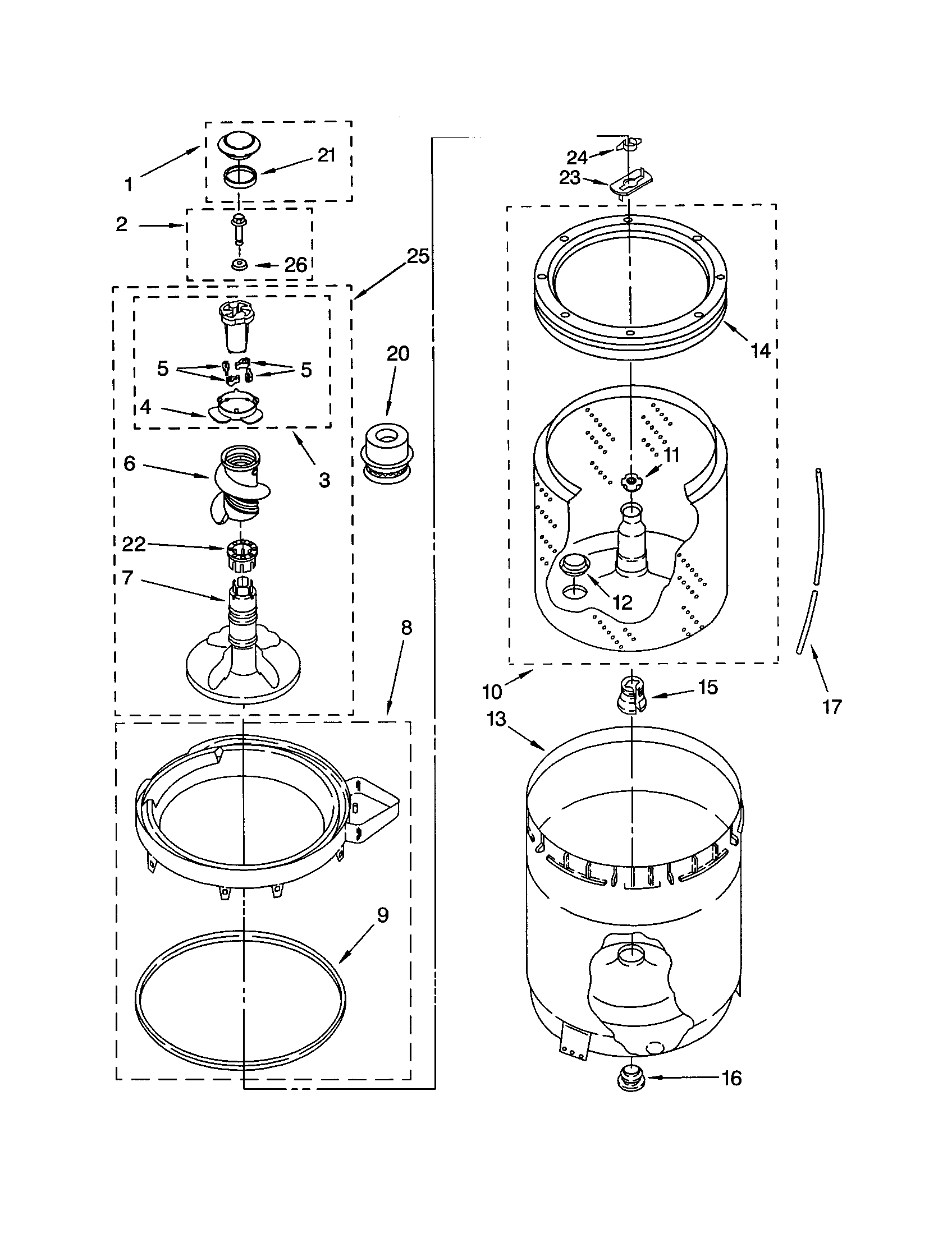 AGITATOR, BASKET AND TUB