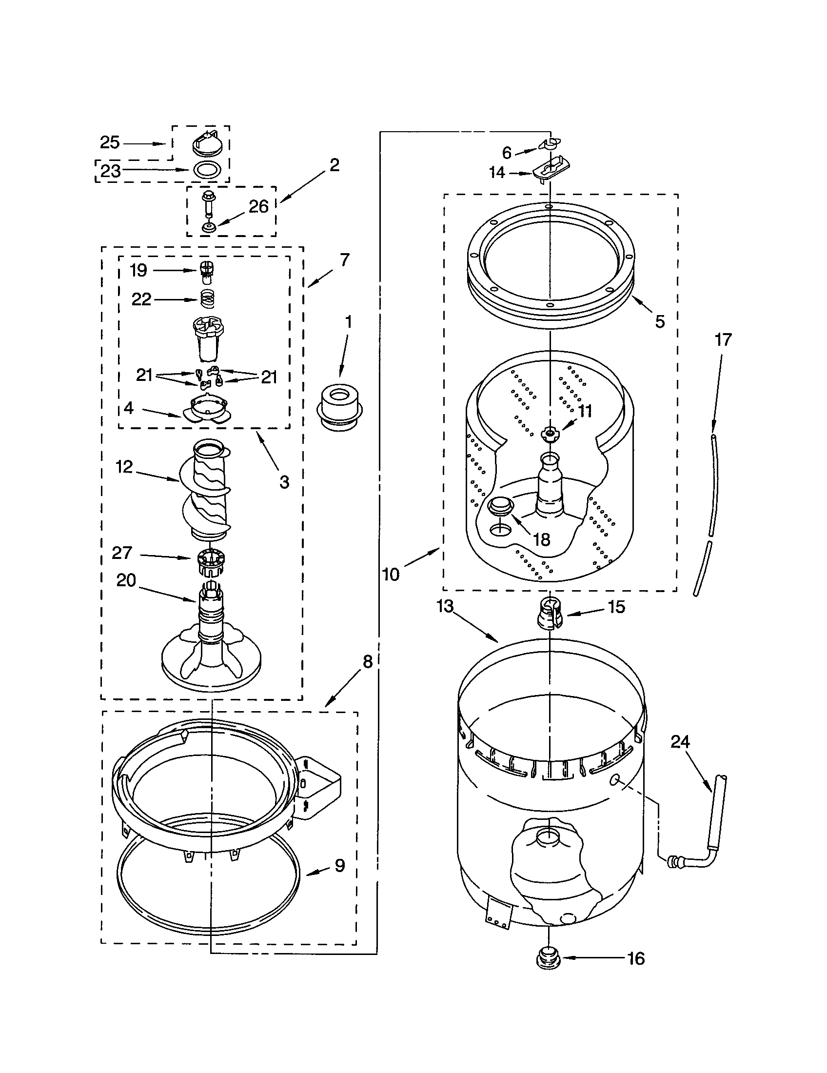 Agitator, basket and tub