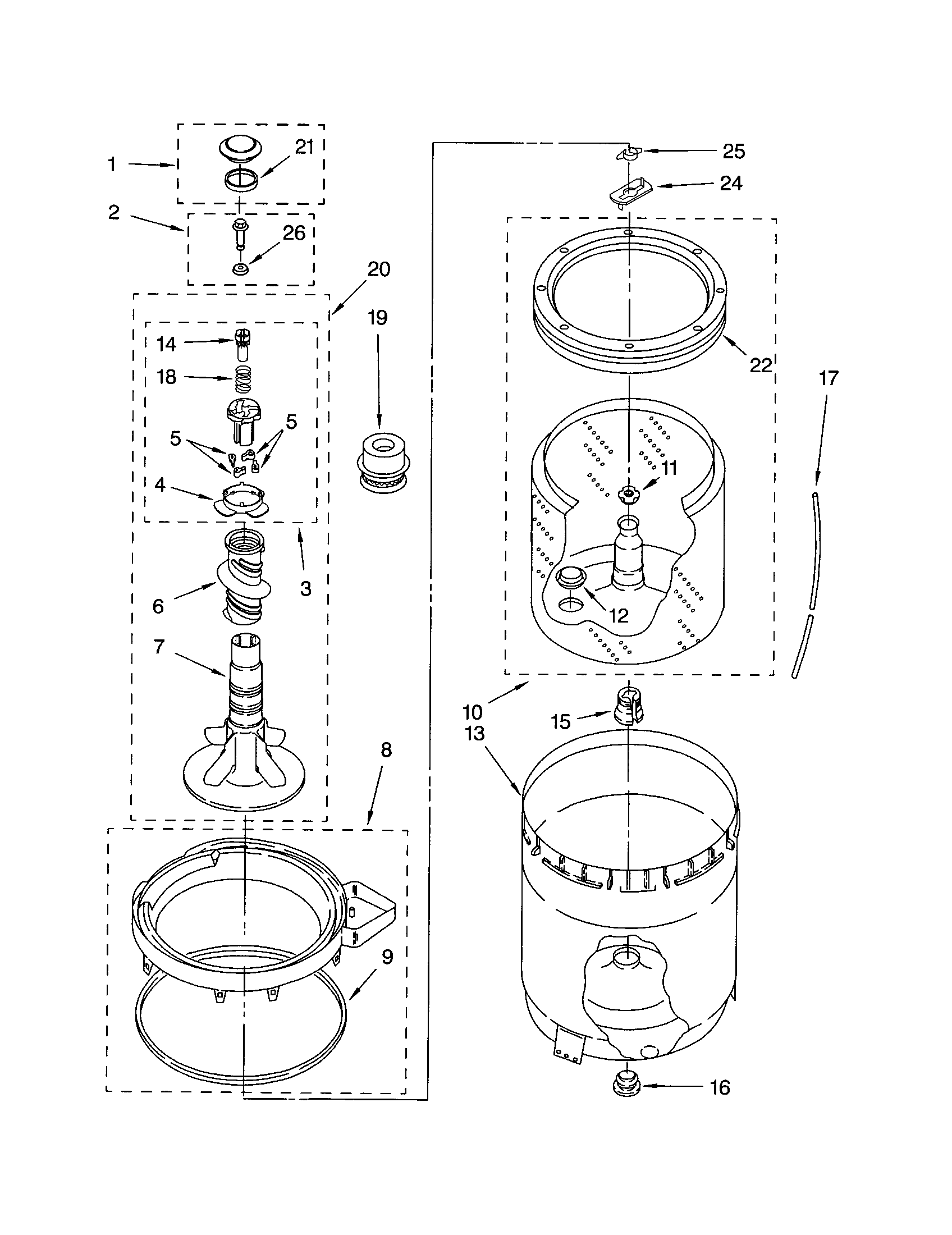 Agitator, basket and tub