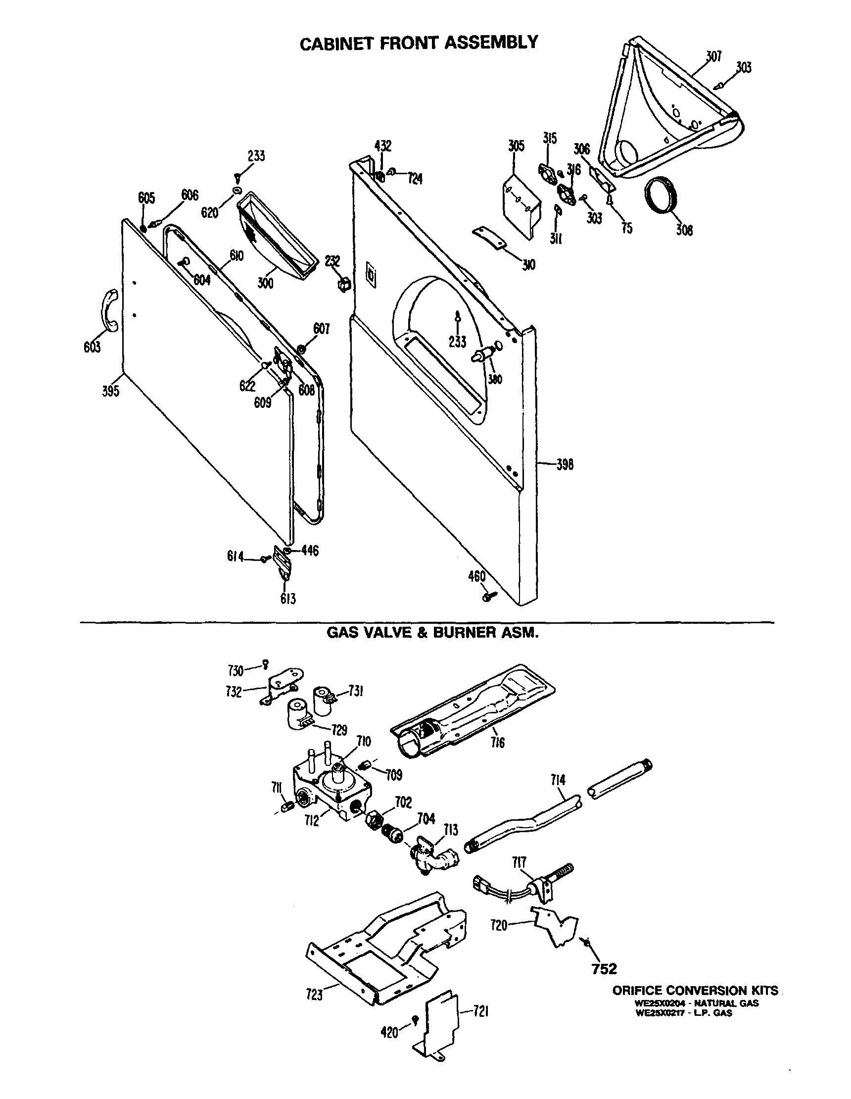 Cabinet front/gas valve/burner