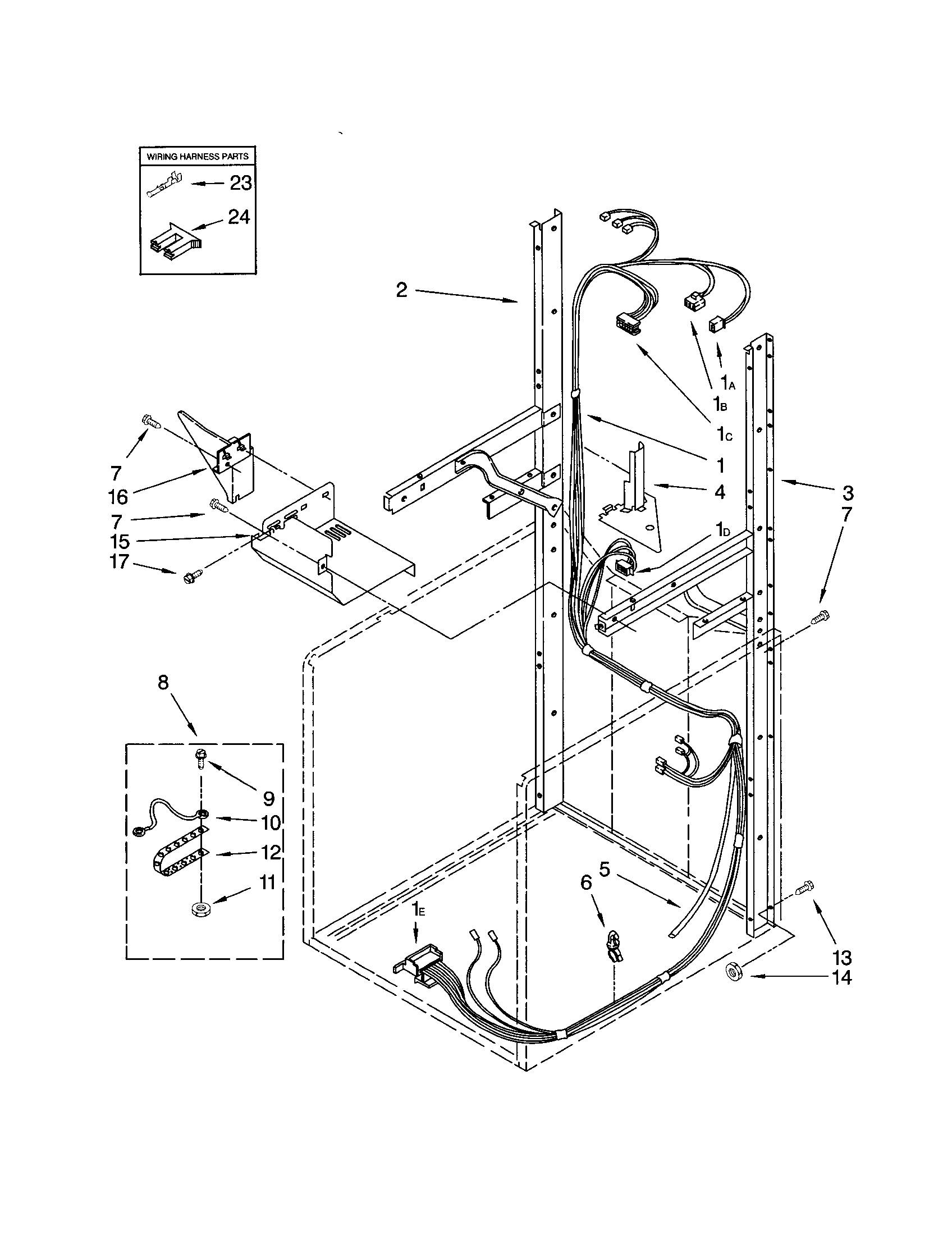 Dryer support and washer harness