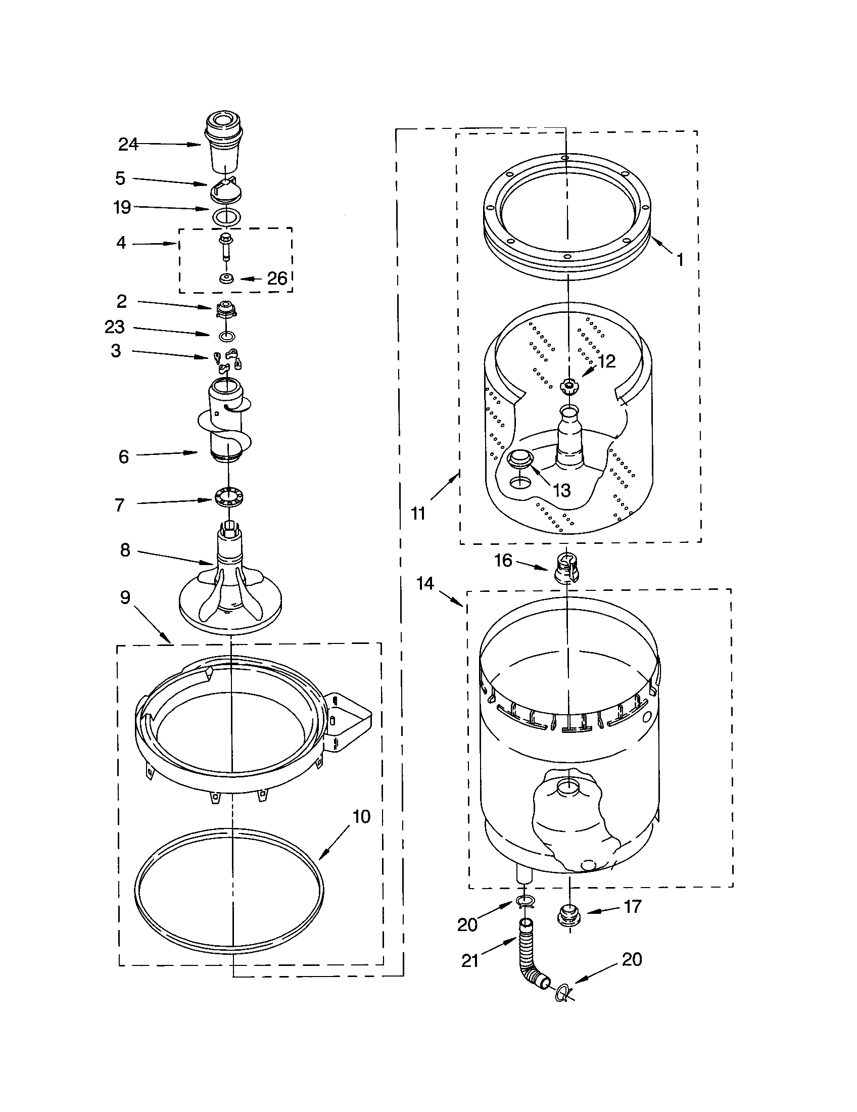 Agitator, basket and tub