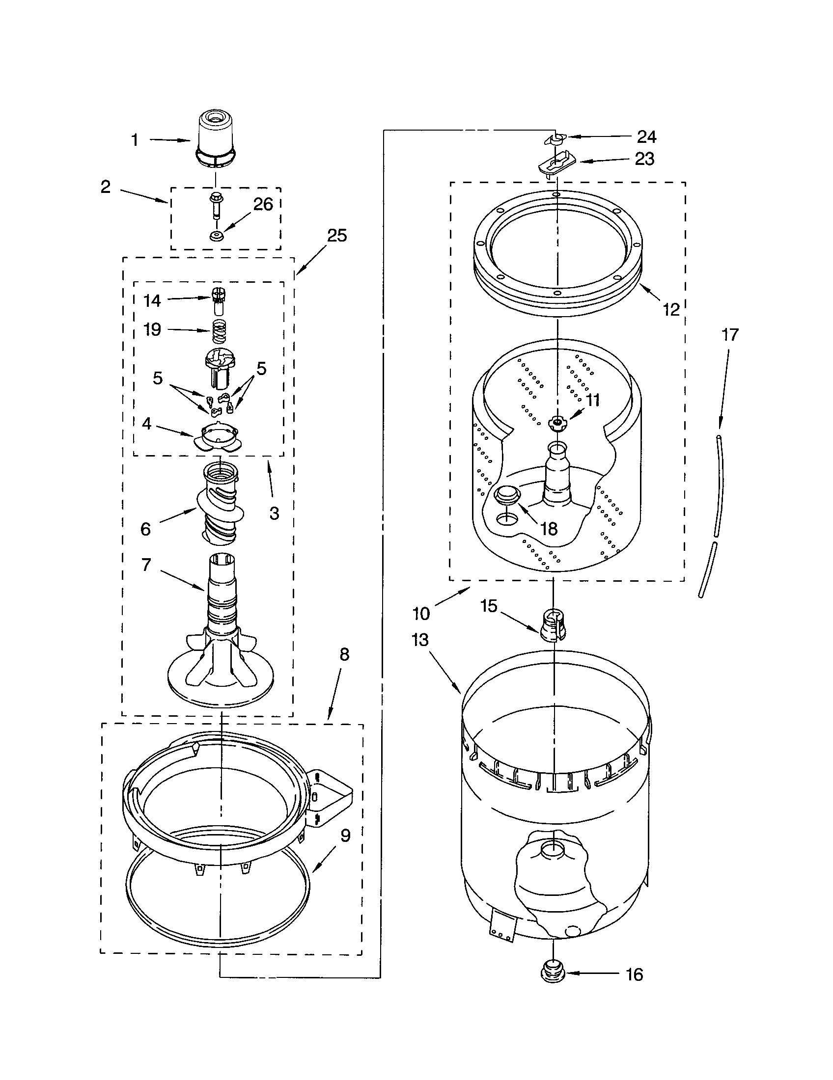 AGITATOR, BASKET AND TUB