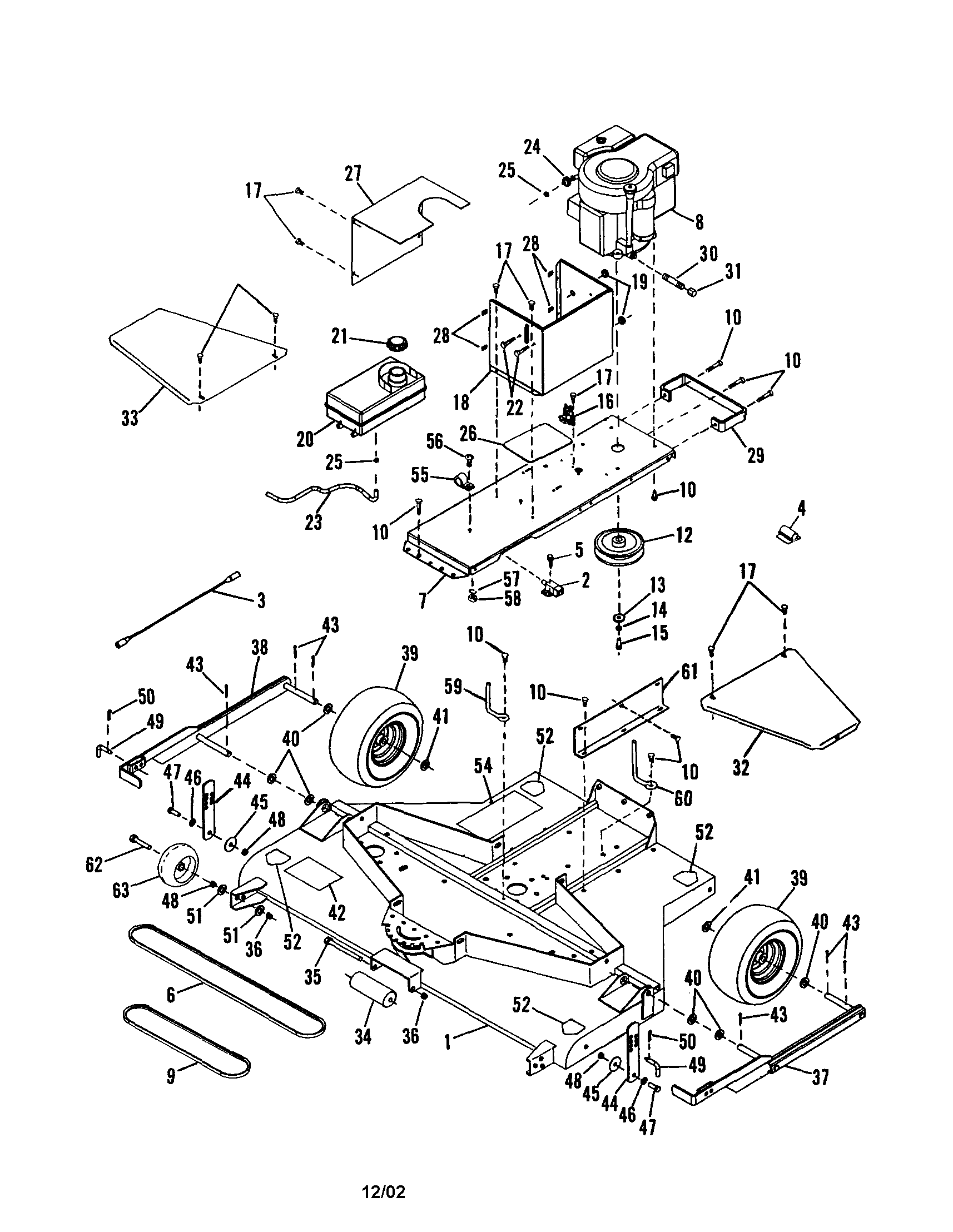 Mower deck/engine/gas tank