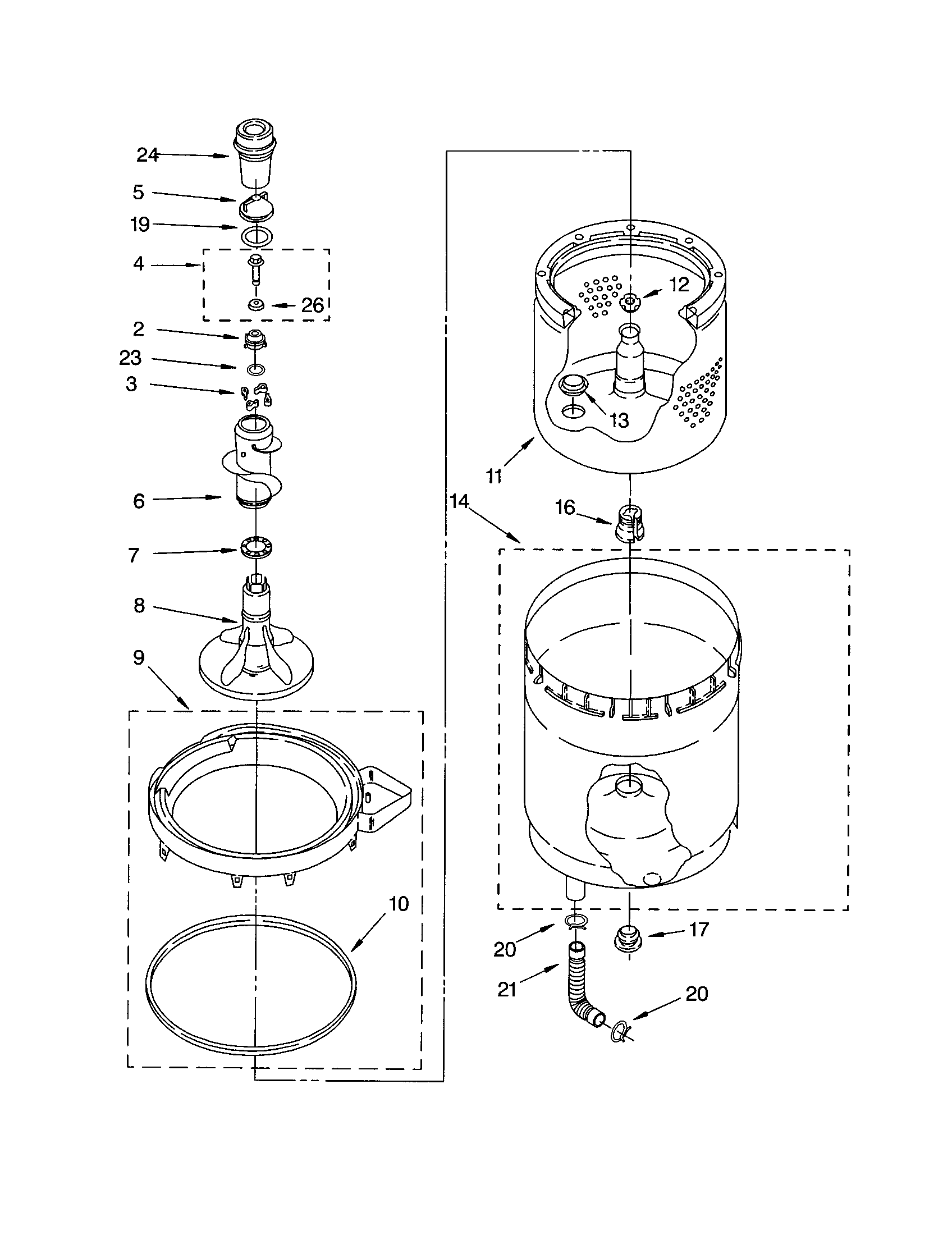 AGITATOR, BASKET AND TUB