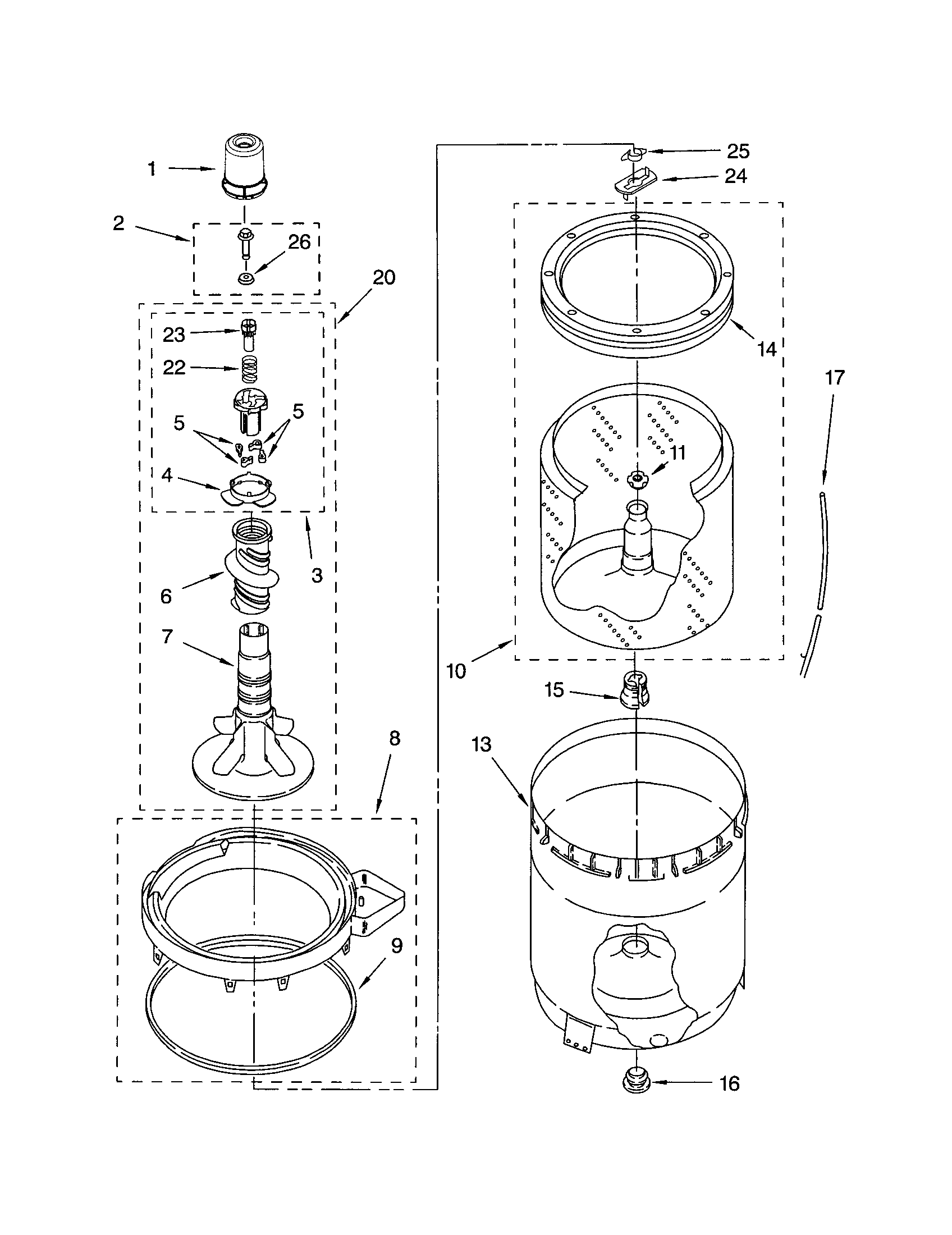 Agitator, basket and tub