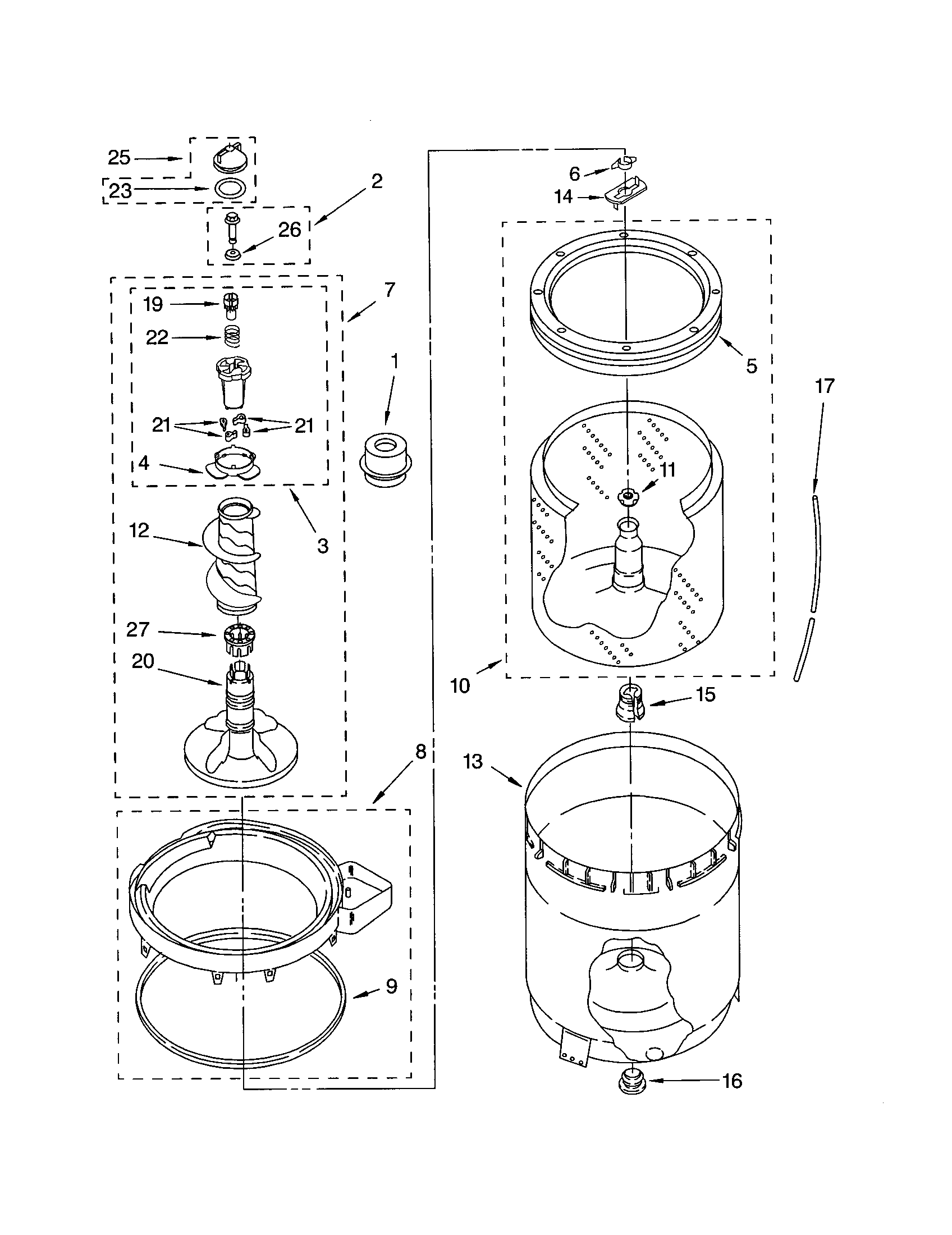 Agitator, basket and tub