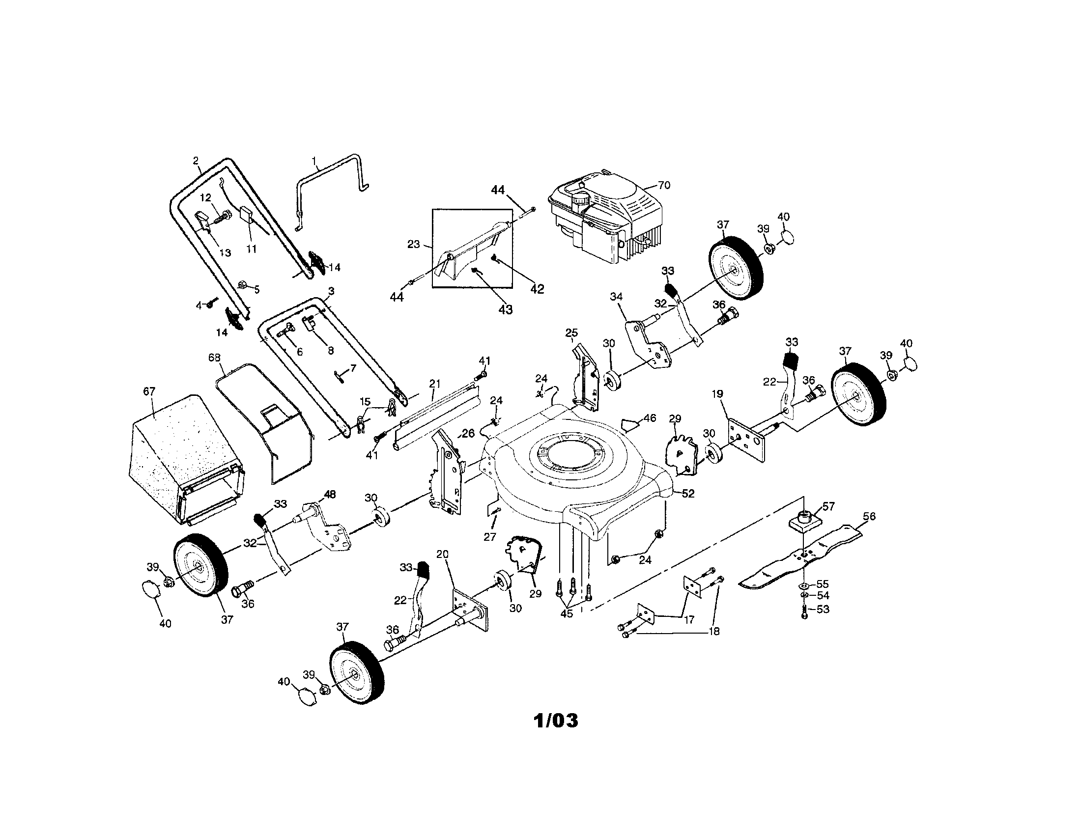 Engine/handle/housing/wheels/bag