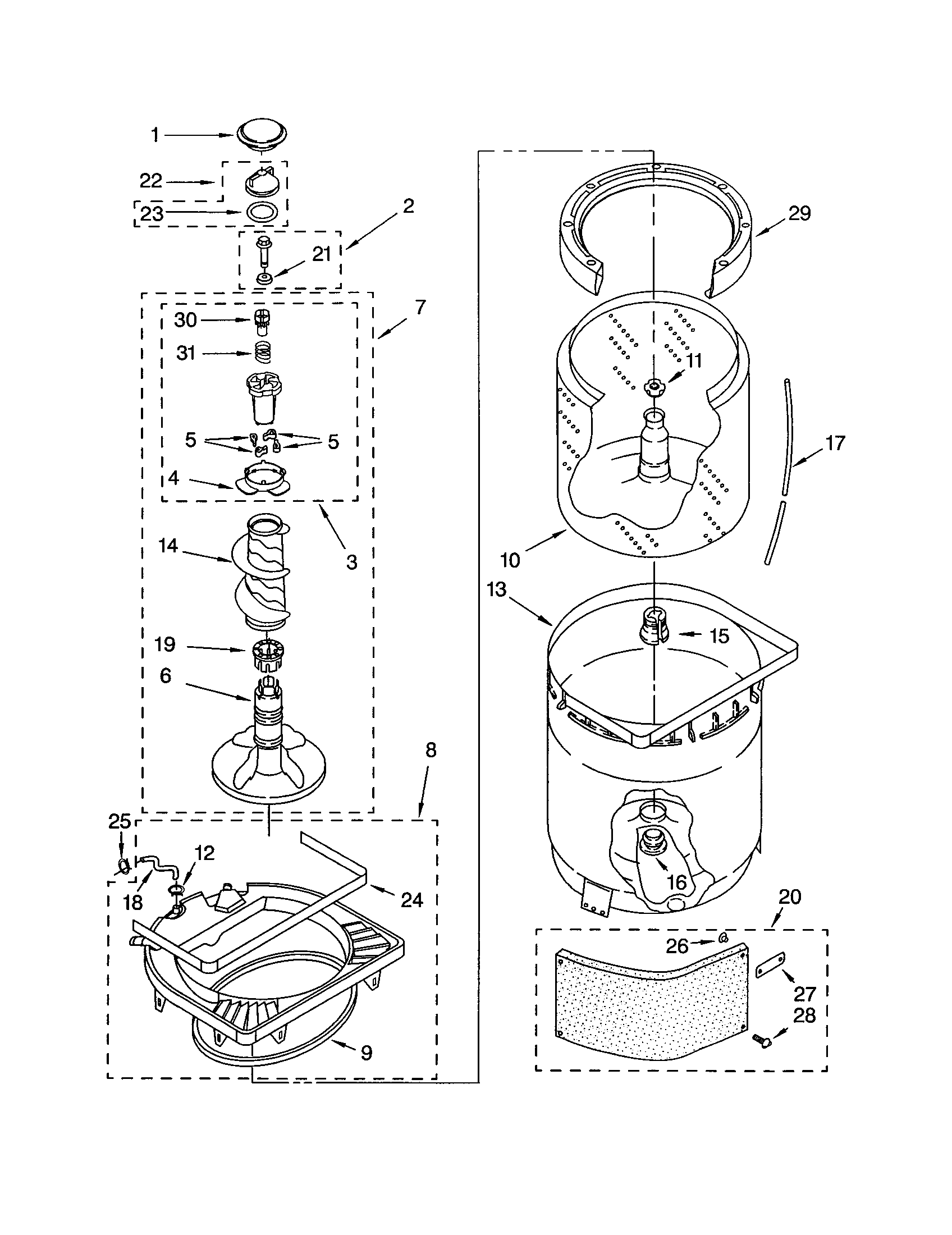 AGITATOR, BASKET AND TUB