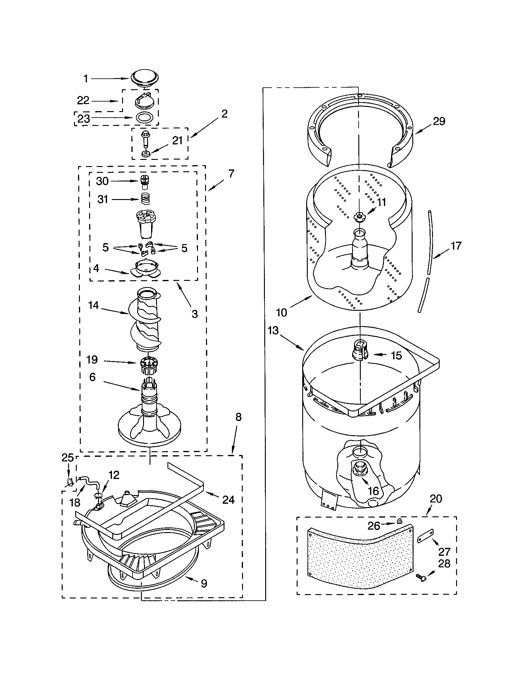 AGITATOR, BASKET AND TUB