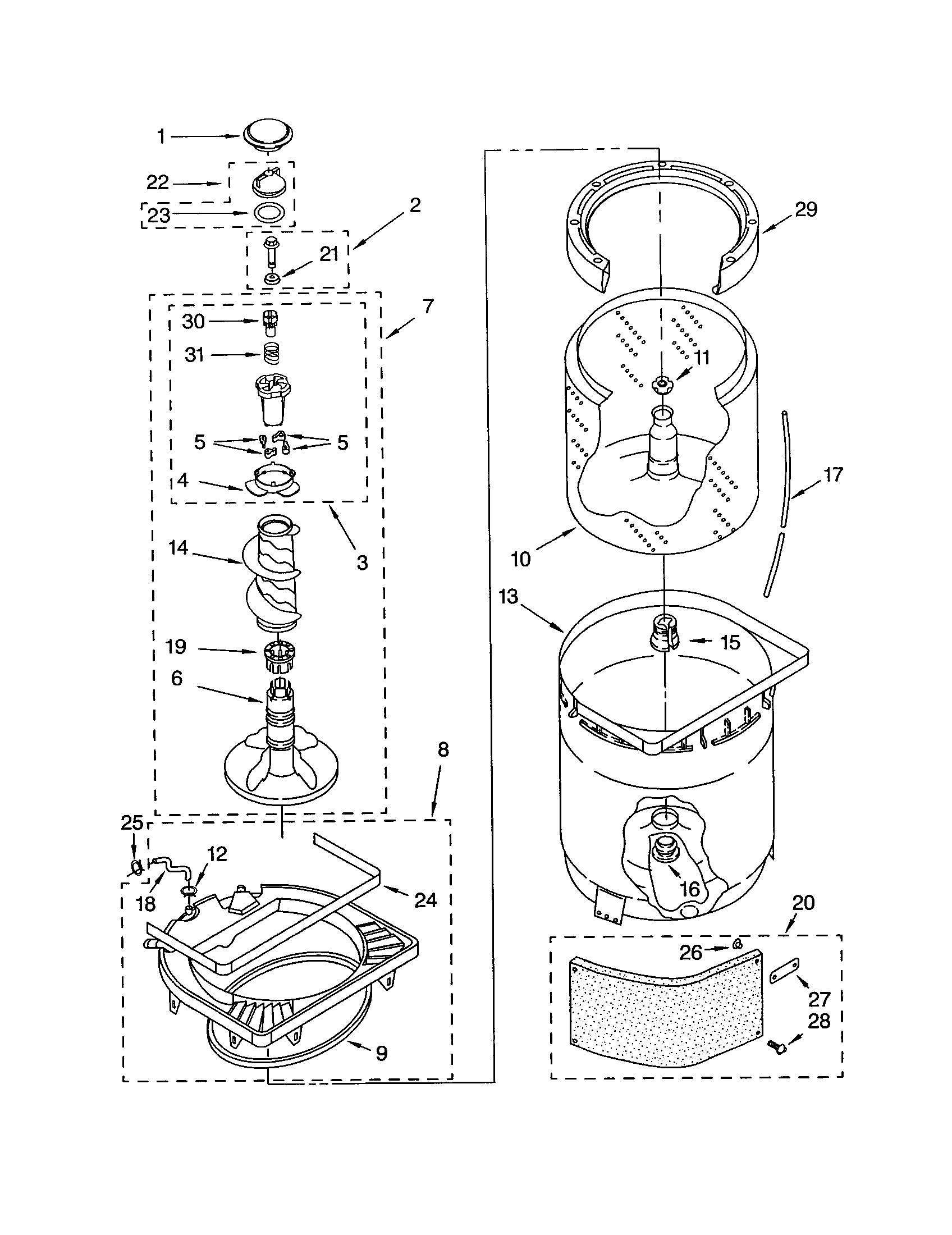 Agitator, basket and tub