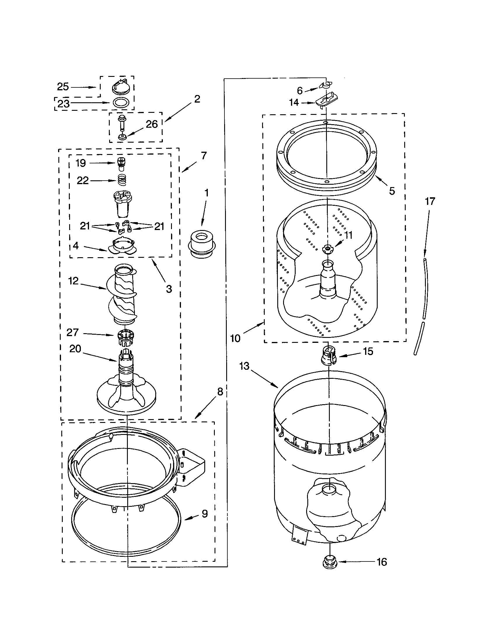 Agitator, basket and tub