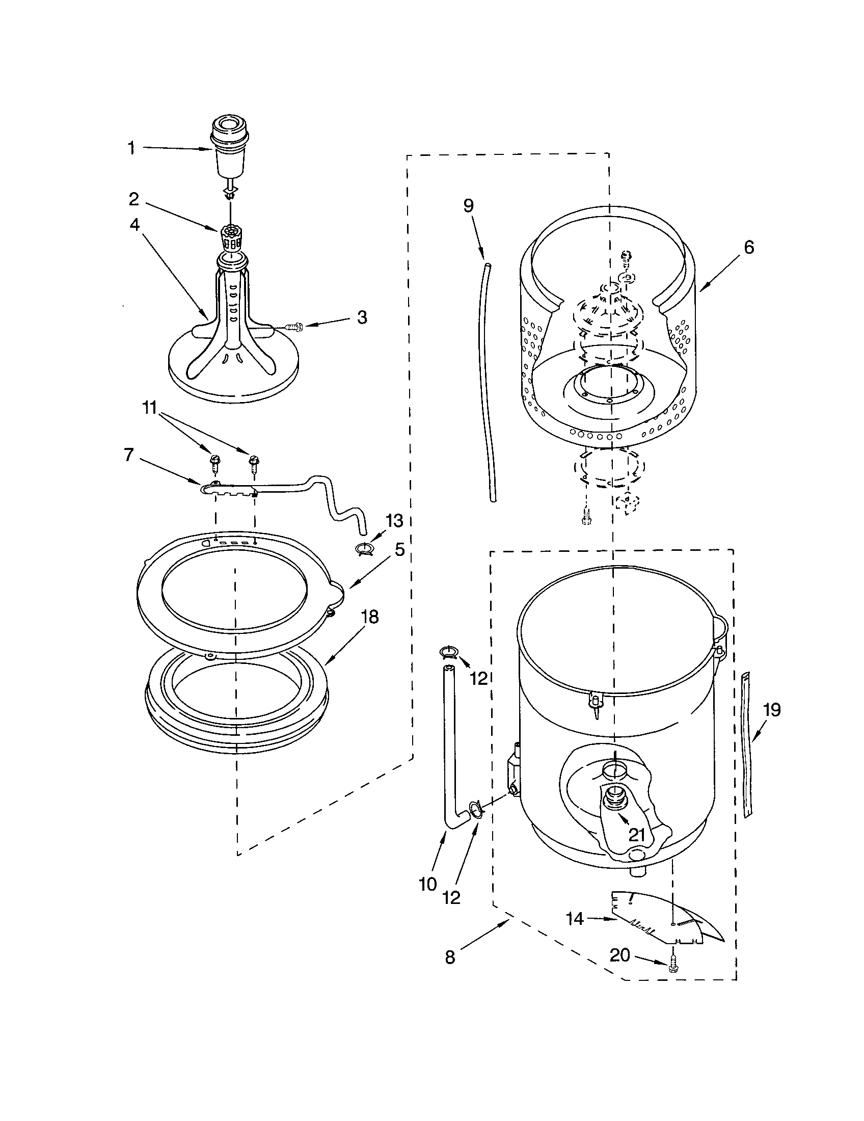 AGITATOR, BASKET, AND TUB