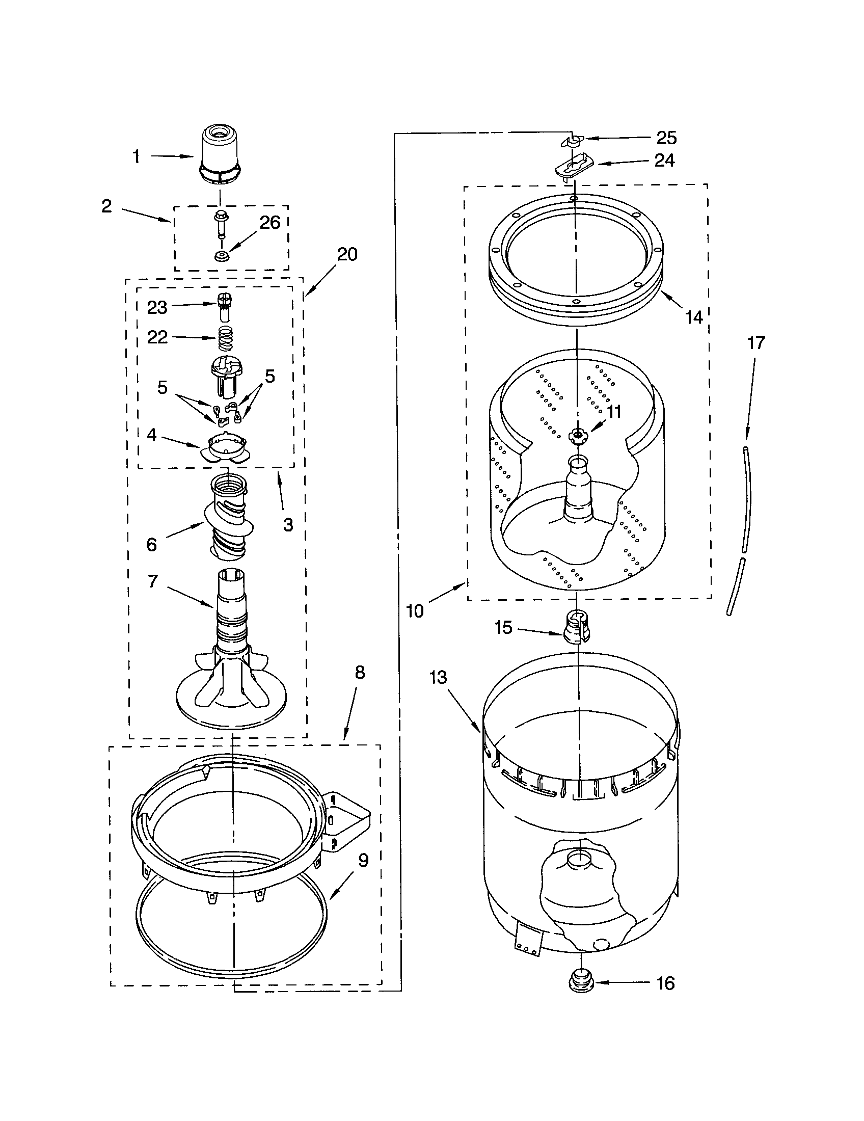 AGITATOR, BASKET AND TUB