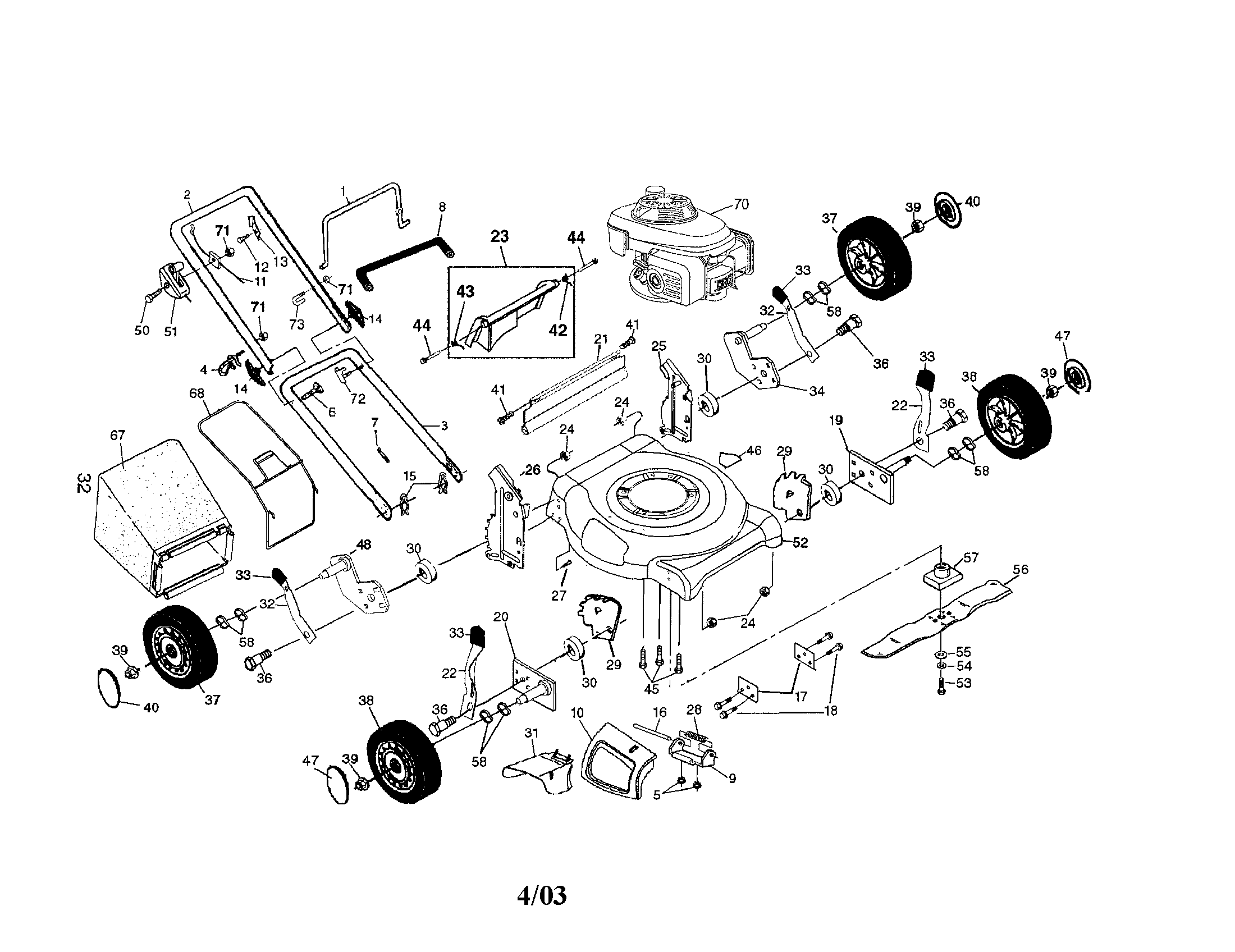 Engine/housing/handle/wheels/bag