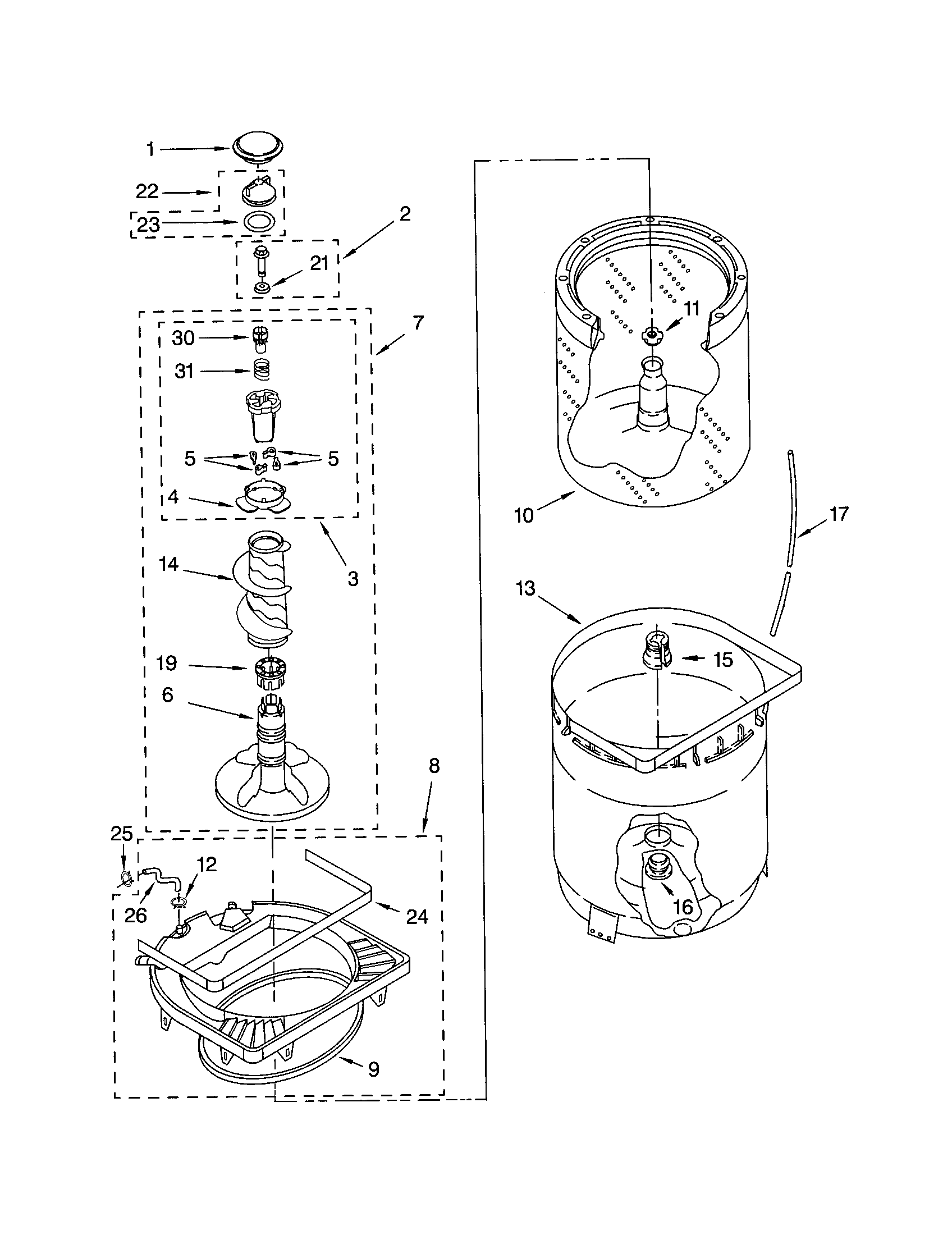 AGITATOR, BASKET AND TUB