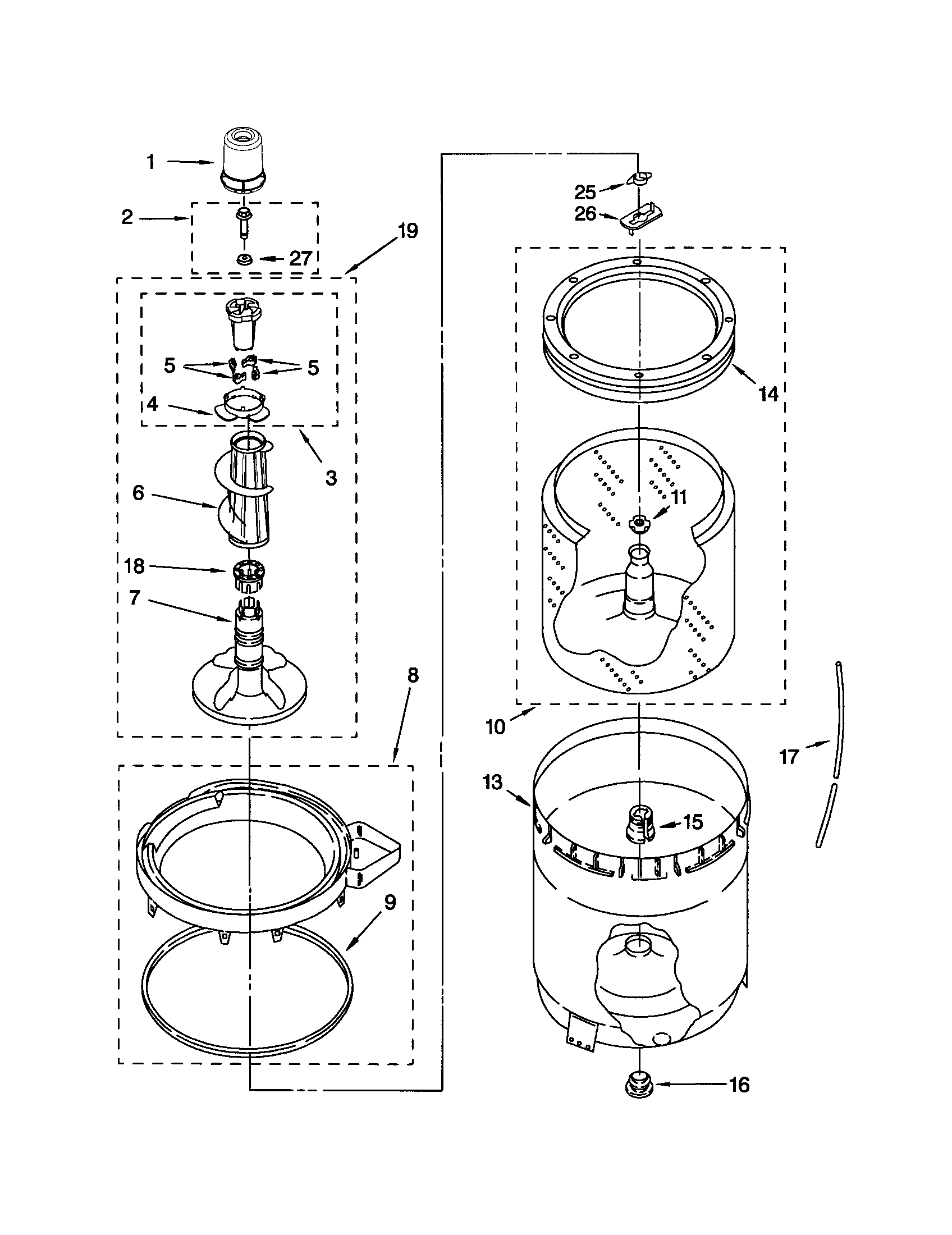 AGITATOR, BASKET AND TUB