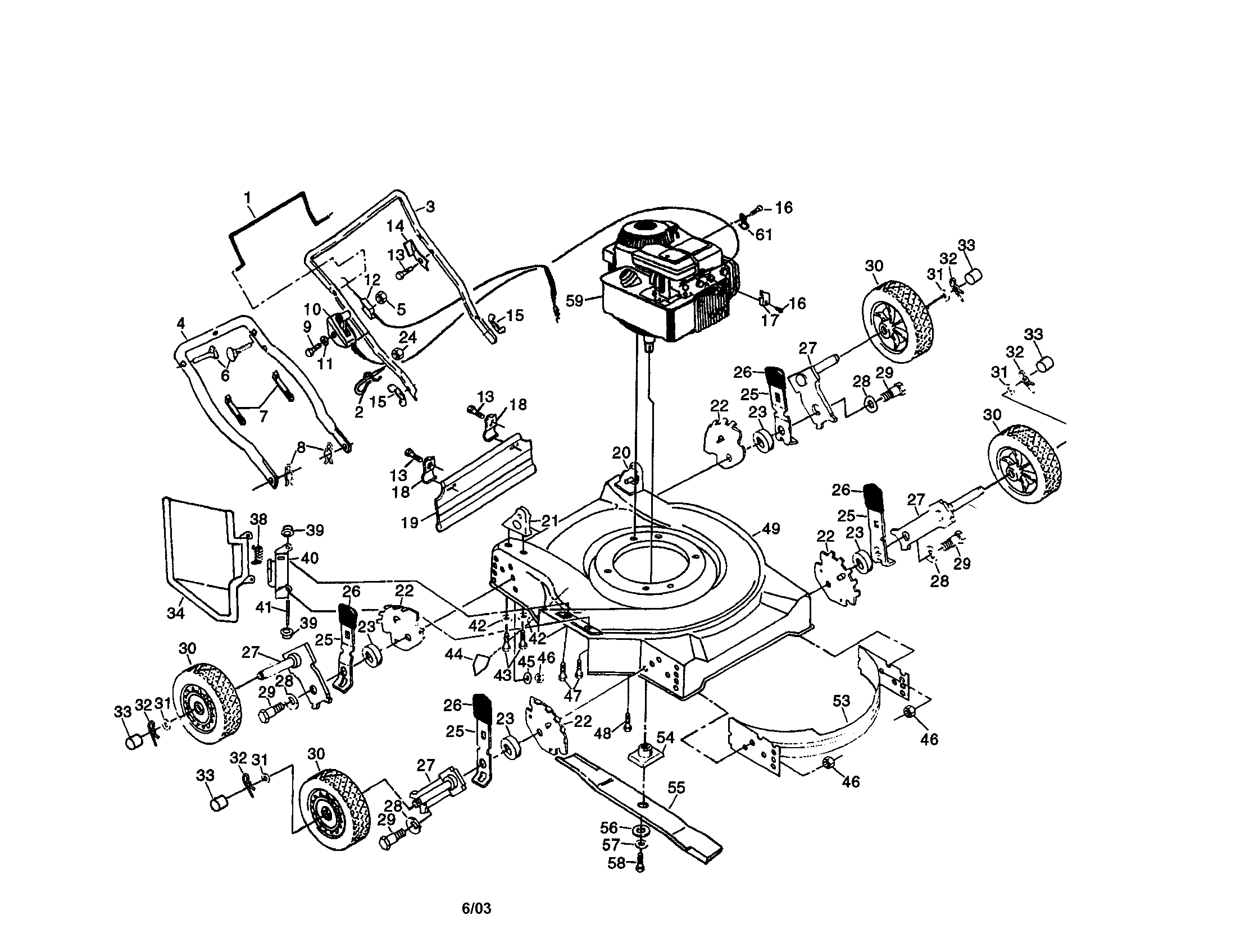 Engine/housing/handle/wheels