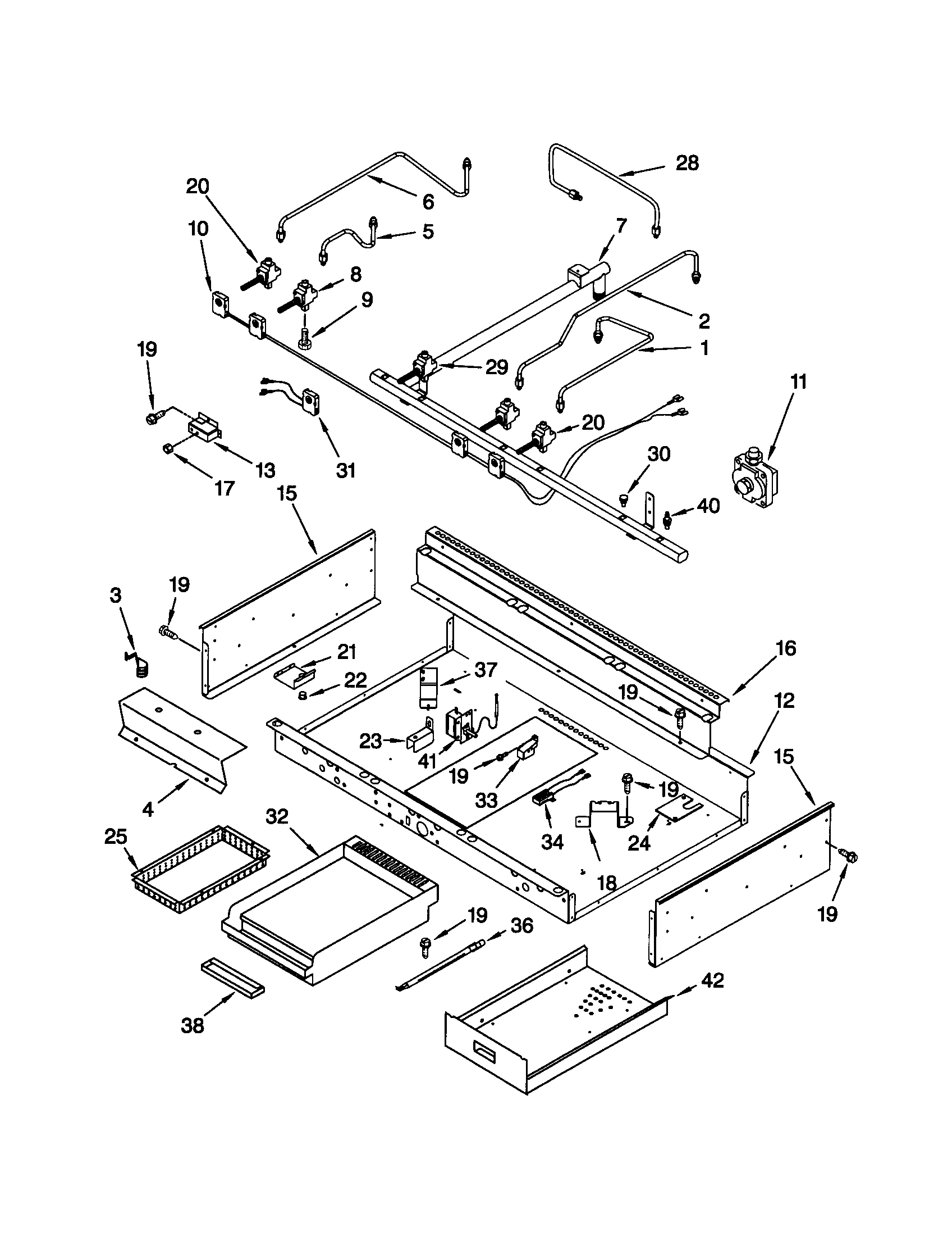 Burner box, gas valves, and switches
