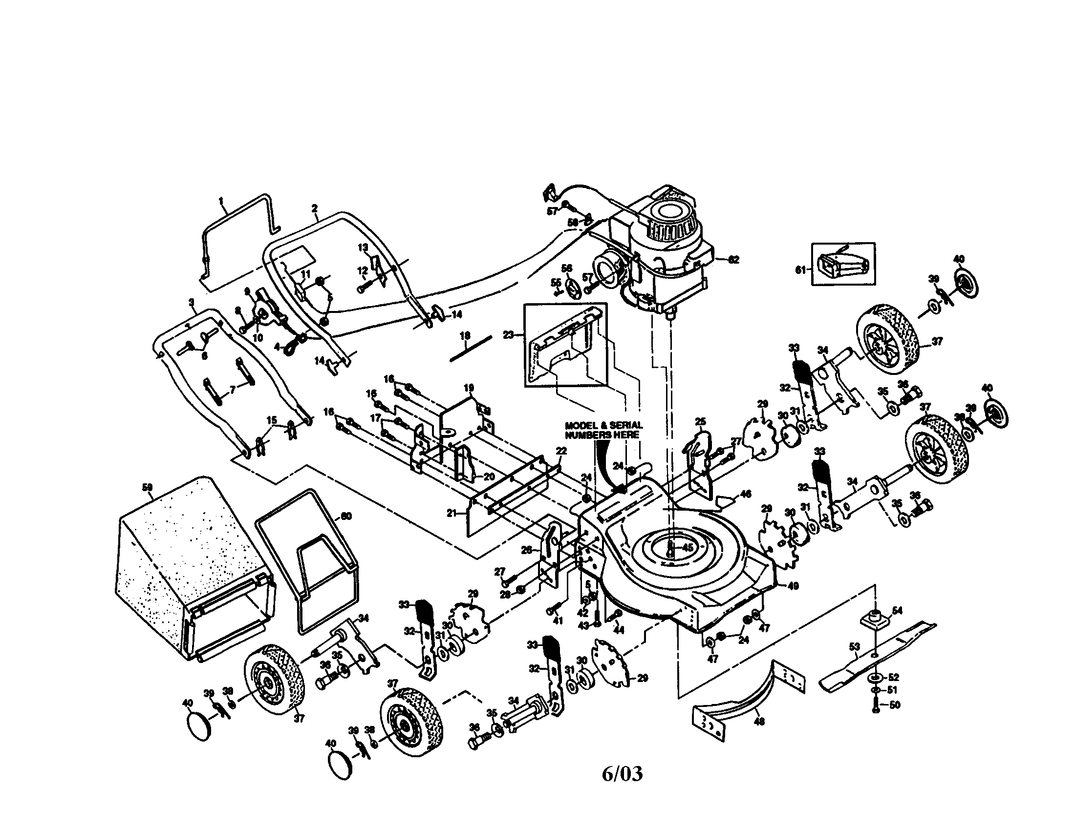 Engine/handle/housing/wheels/bag