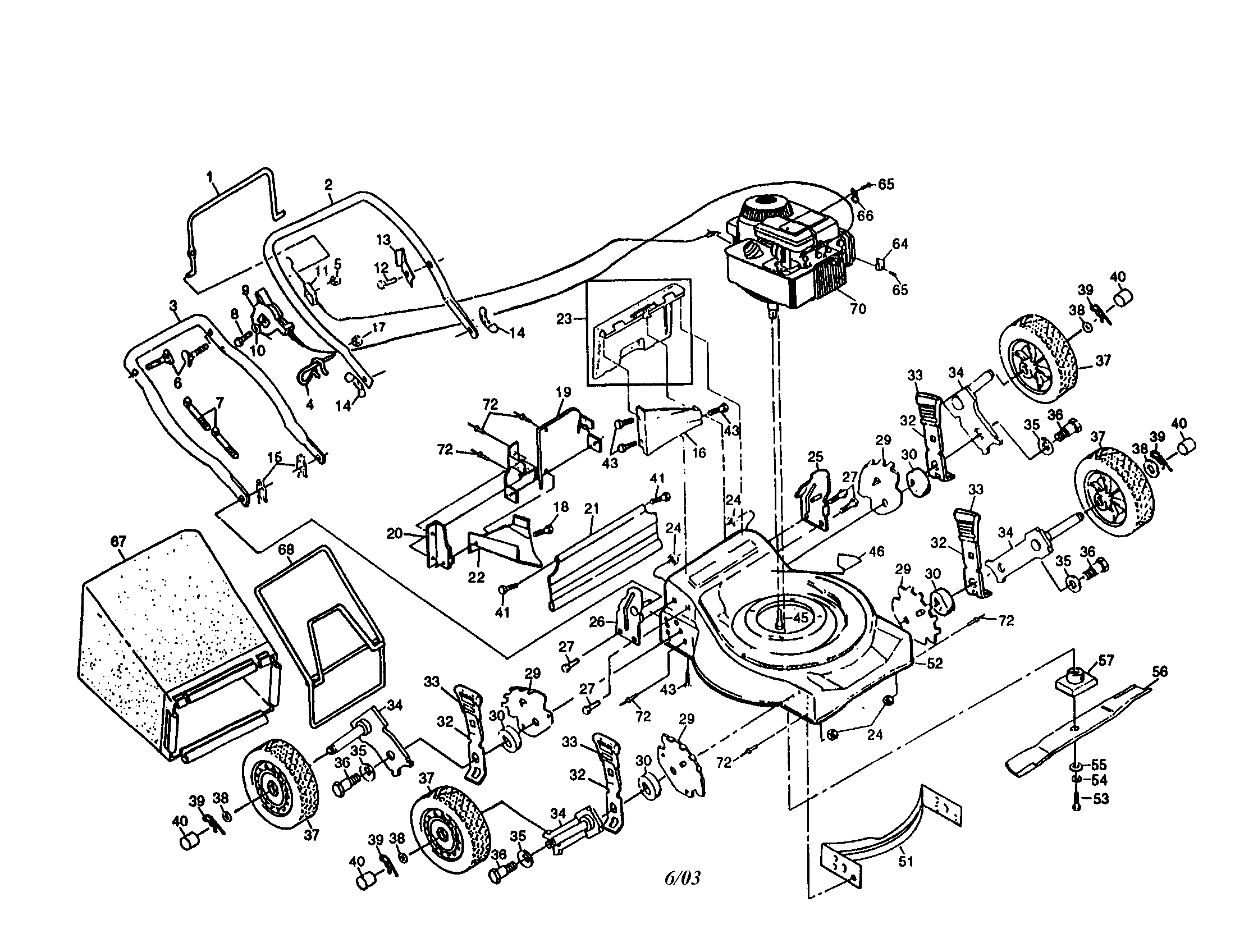 Engine/handle/housing/wheels/bag