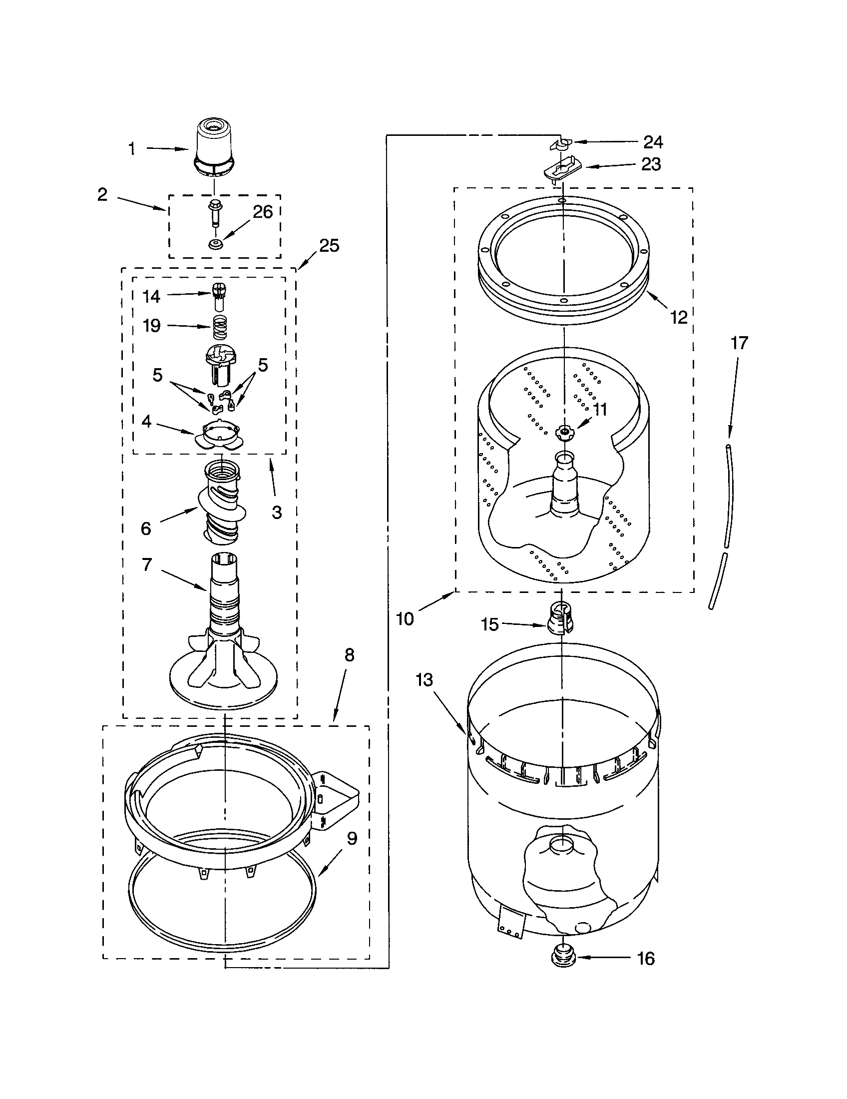 AGITATOR, BASKET AND TUB