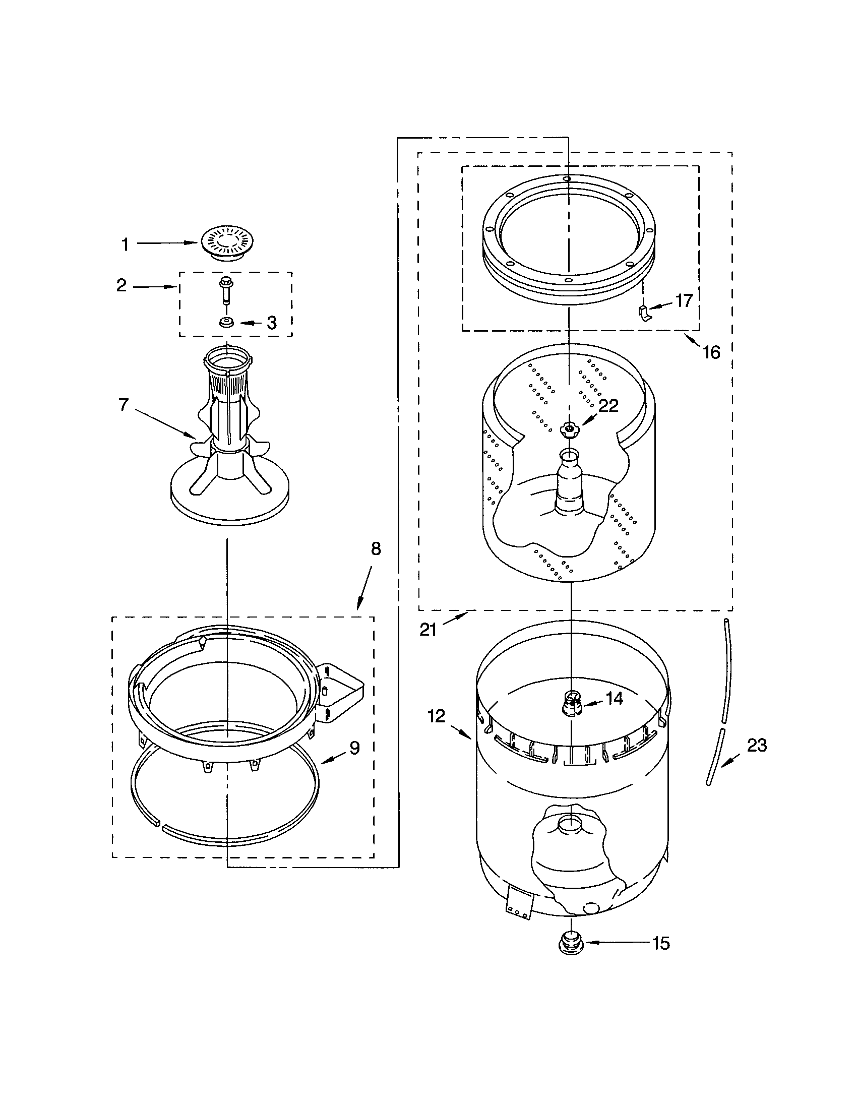 AGITATOR, BASKET AND TUB