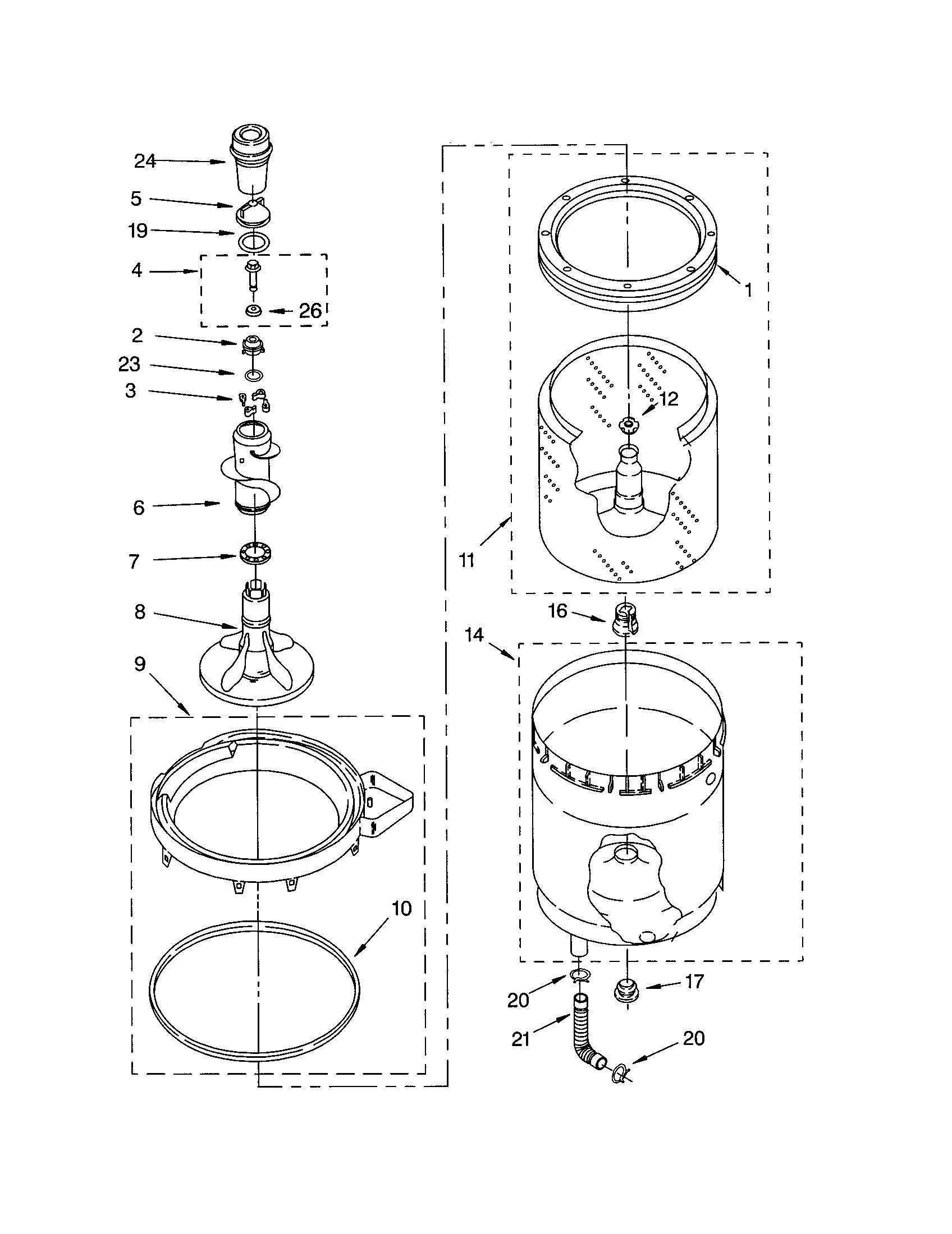 AGITATOR, BASKET AND TUB