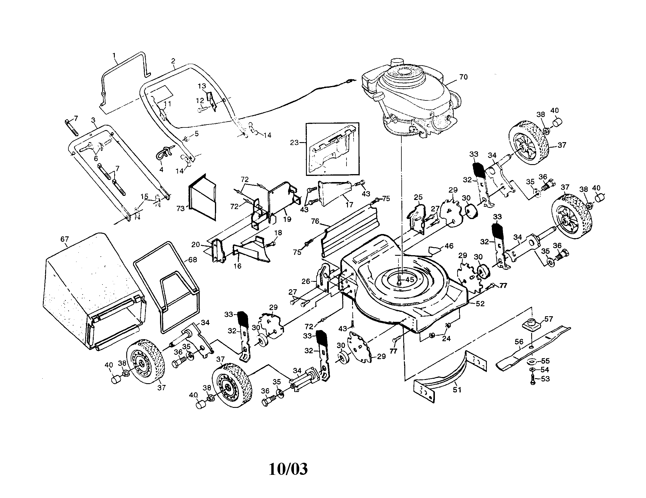 Engine/housing/bag/handle/wheels