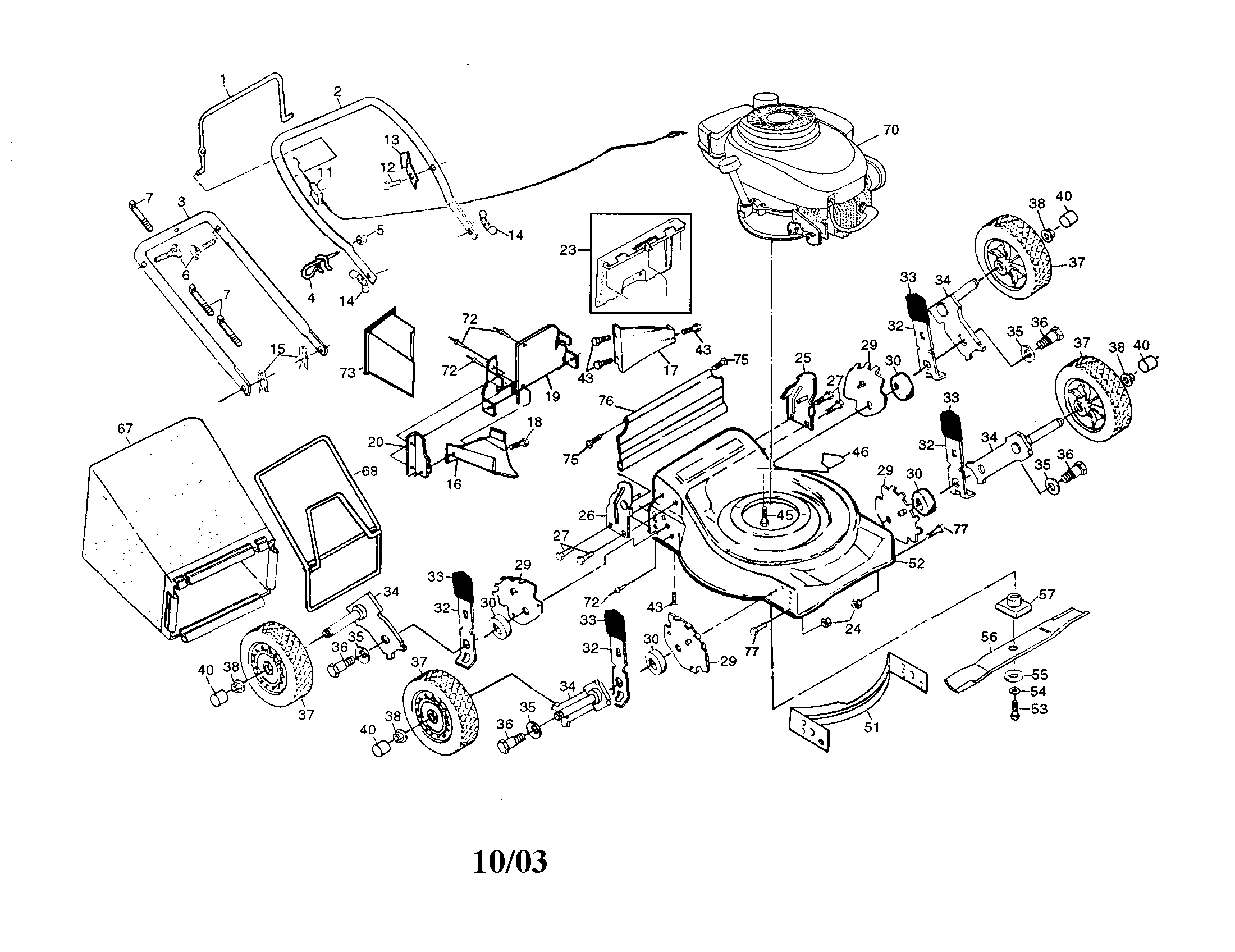 Engine/wheels/housing/handle/bag