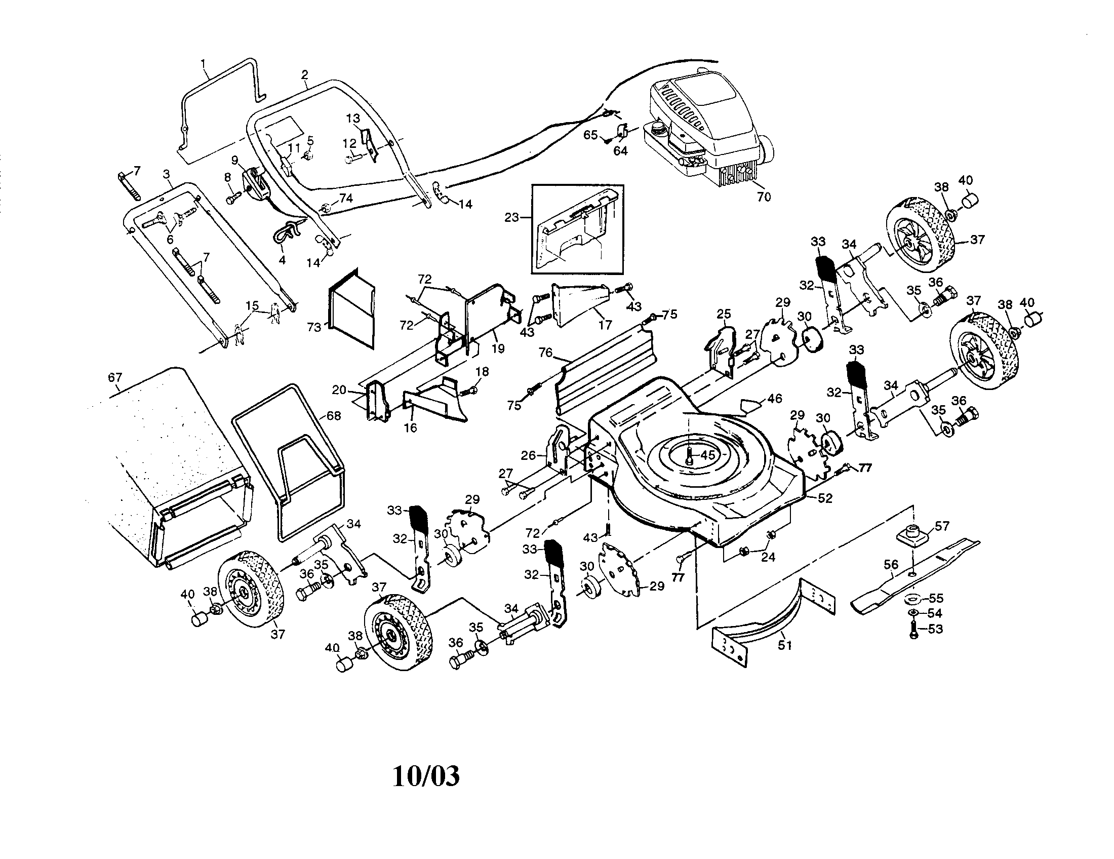 Engine/housing/wheels/handle/bag