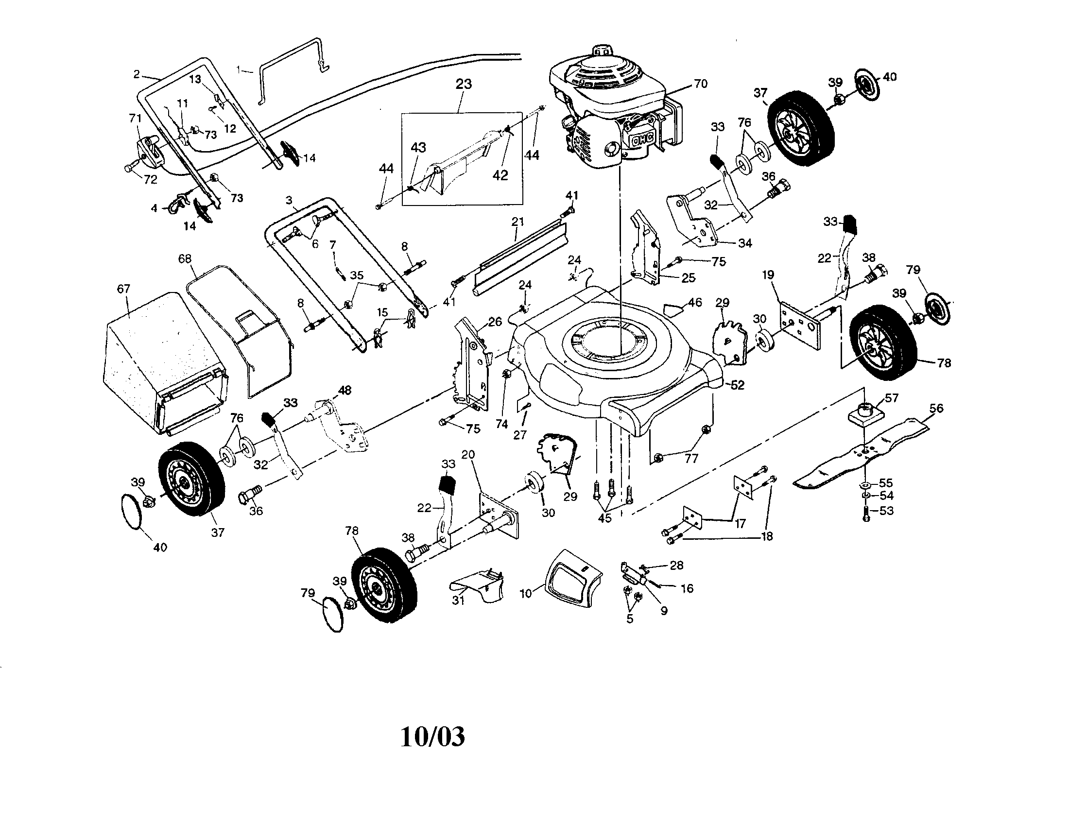 Engine/housing/wheels/handle