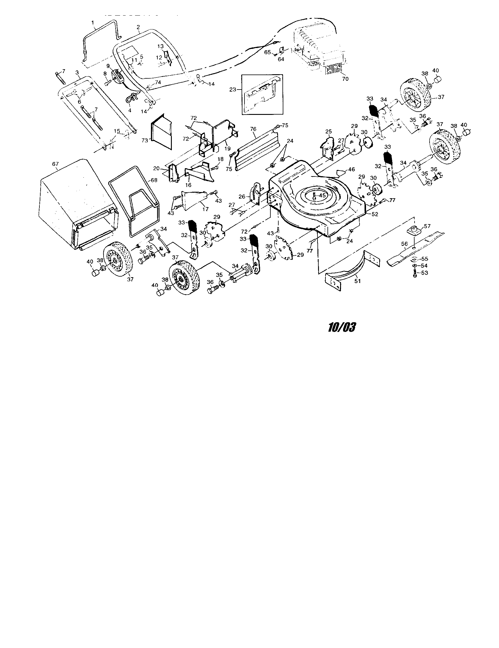 Engine/bag/housing/handle/wheels