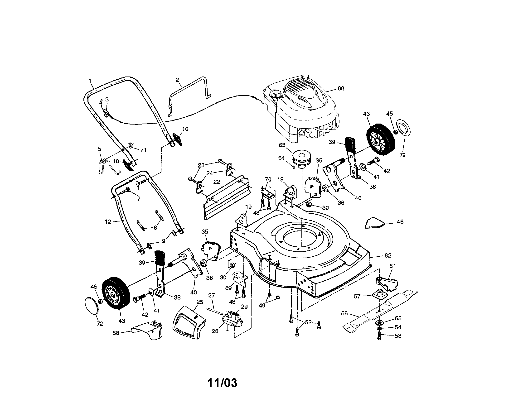 Engine/handle/housing/wheels