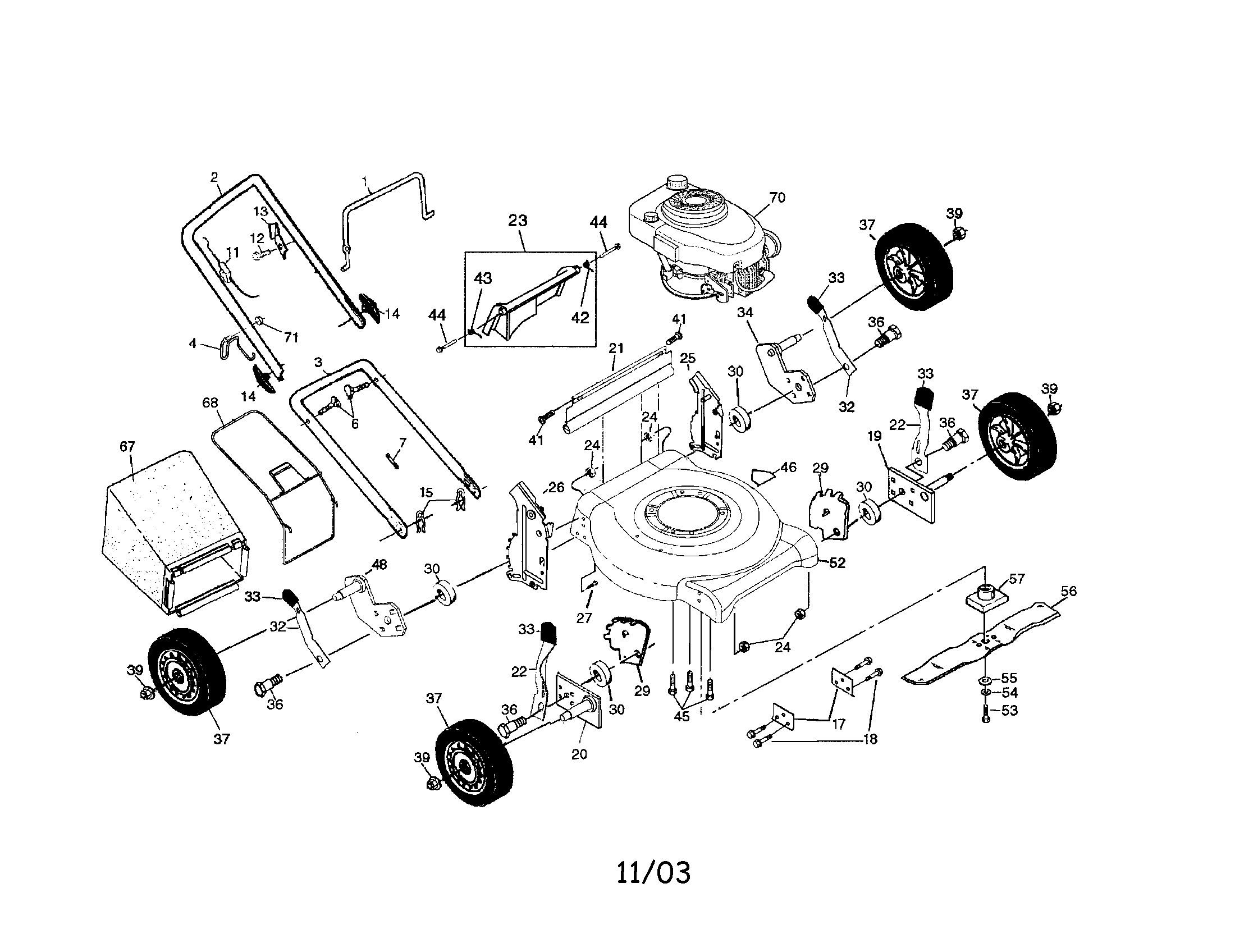 Engine/housing/handle/wheels/bag