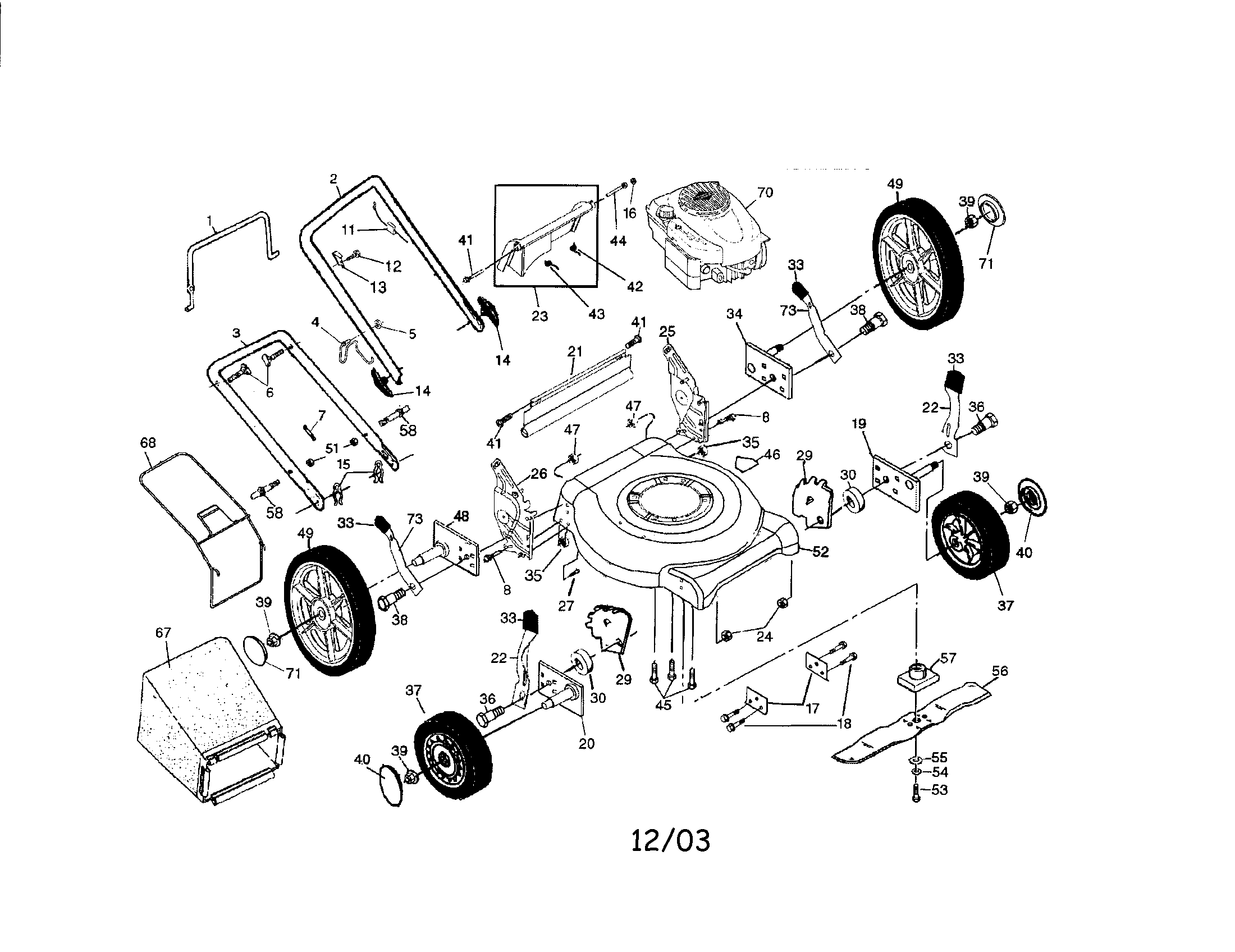 Engine/housing/handle/bag/wheels