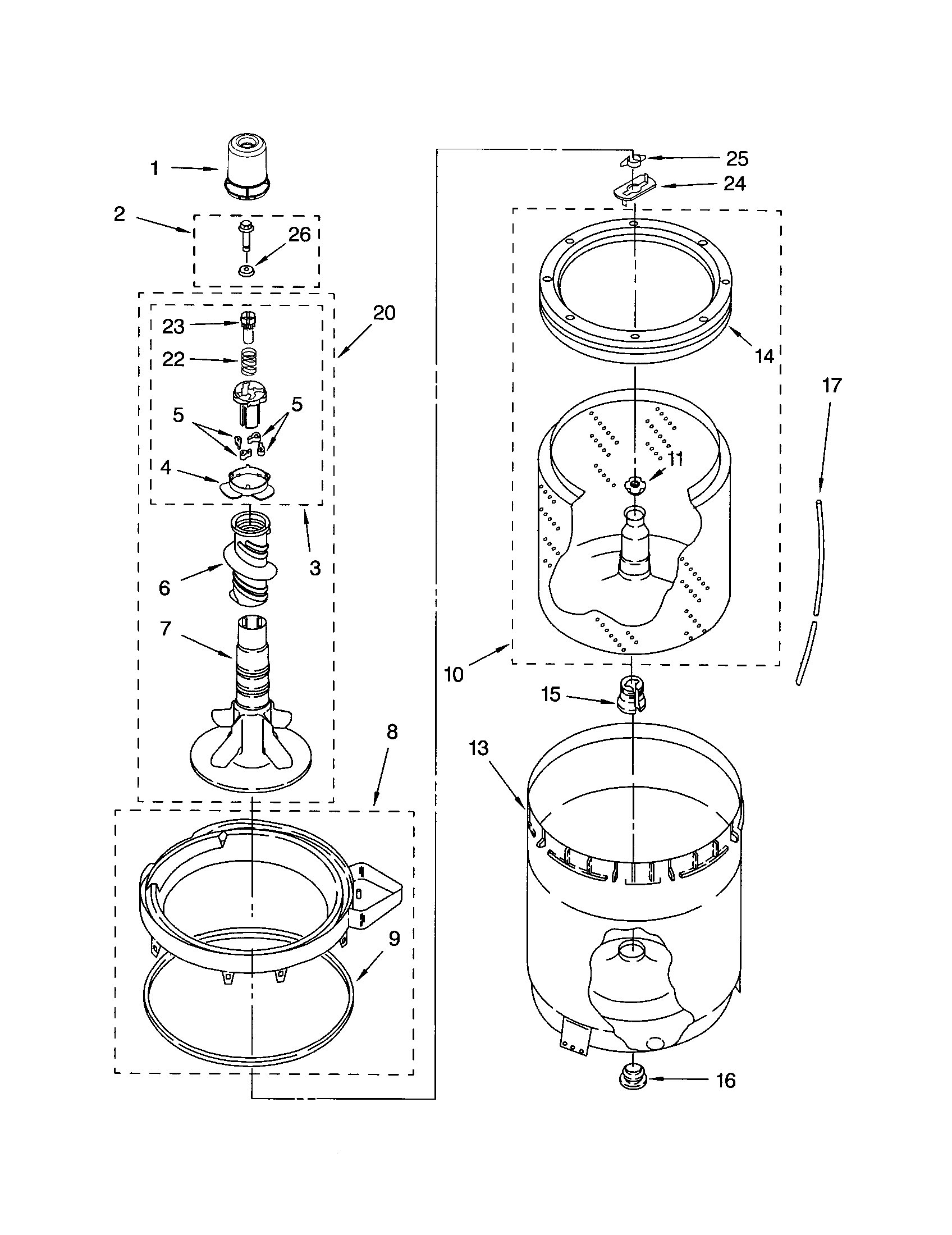 AGITATOR, BASKET AND TUB