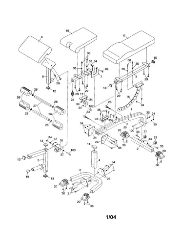 Bench frame/backrest/curl pad