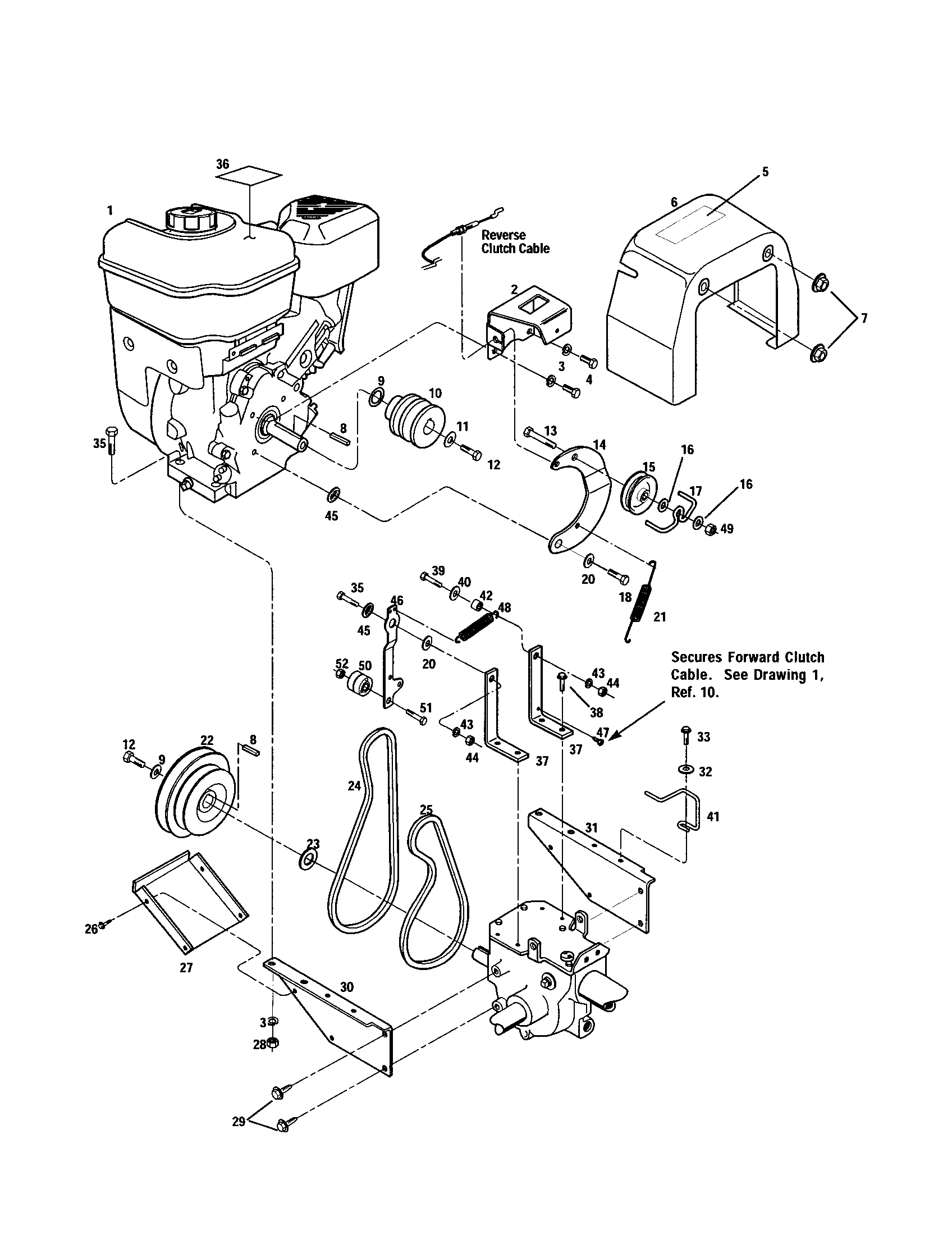Engine/cover/reverse clutch belt