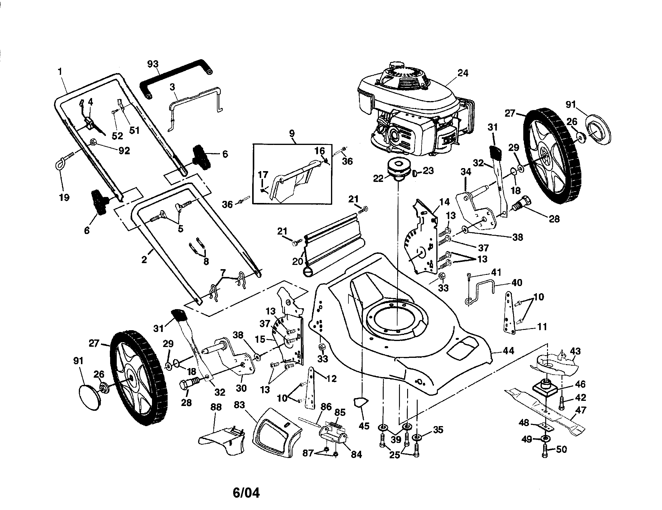 Engine/handle/housing/wheels