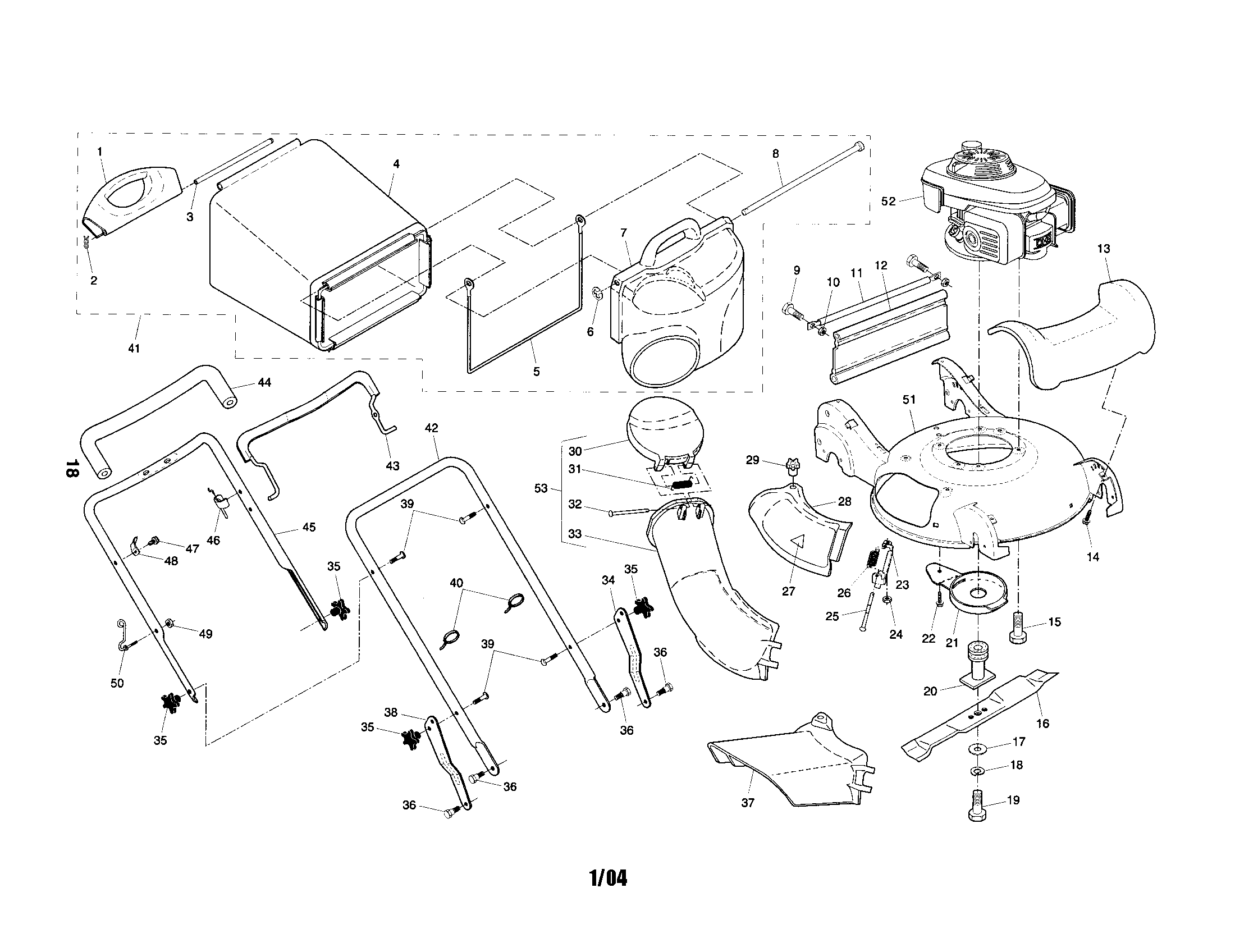 Handle/grassbag/engine/mower deck