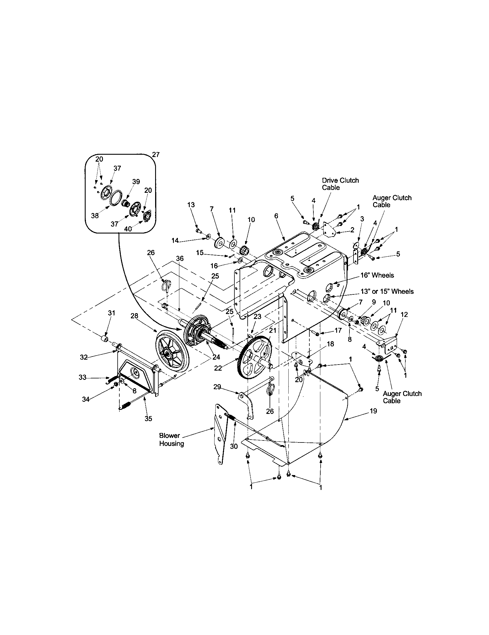 Drive & auger clutch cables/wheels