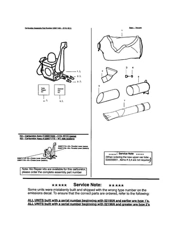 Carburetor/vac bag/service note