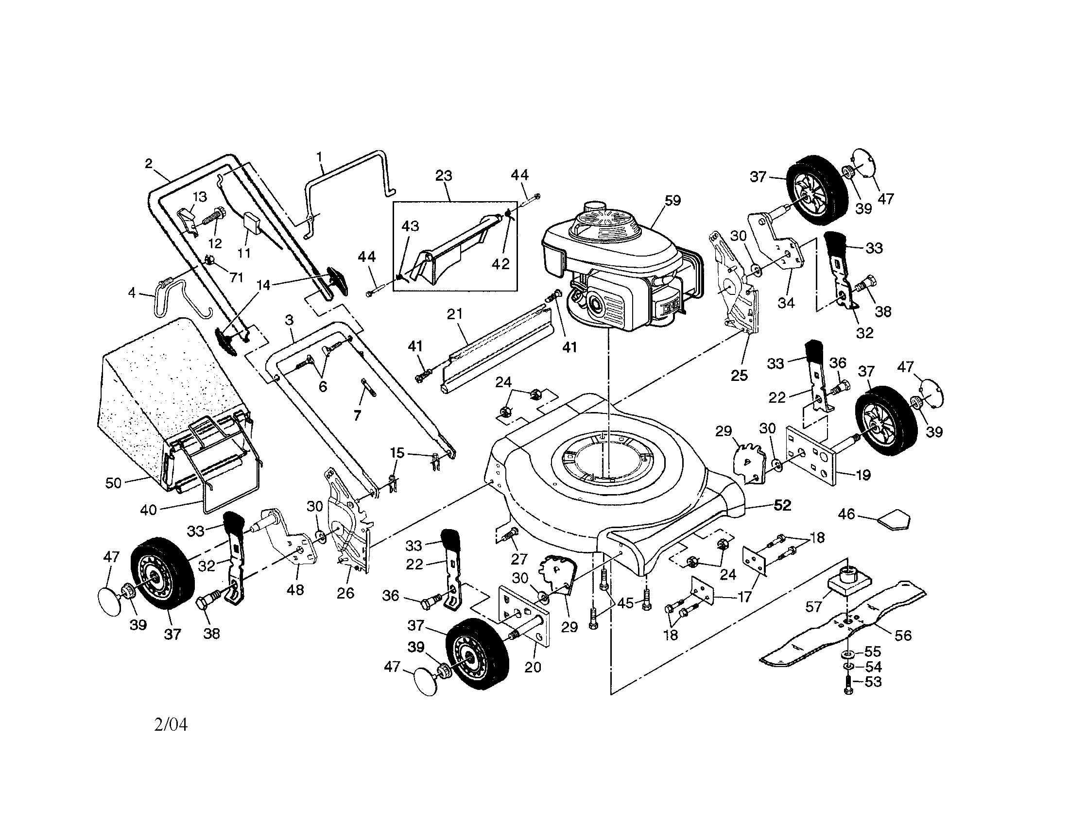 Engine/housing/handle/bag/wheels