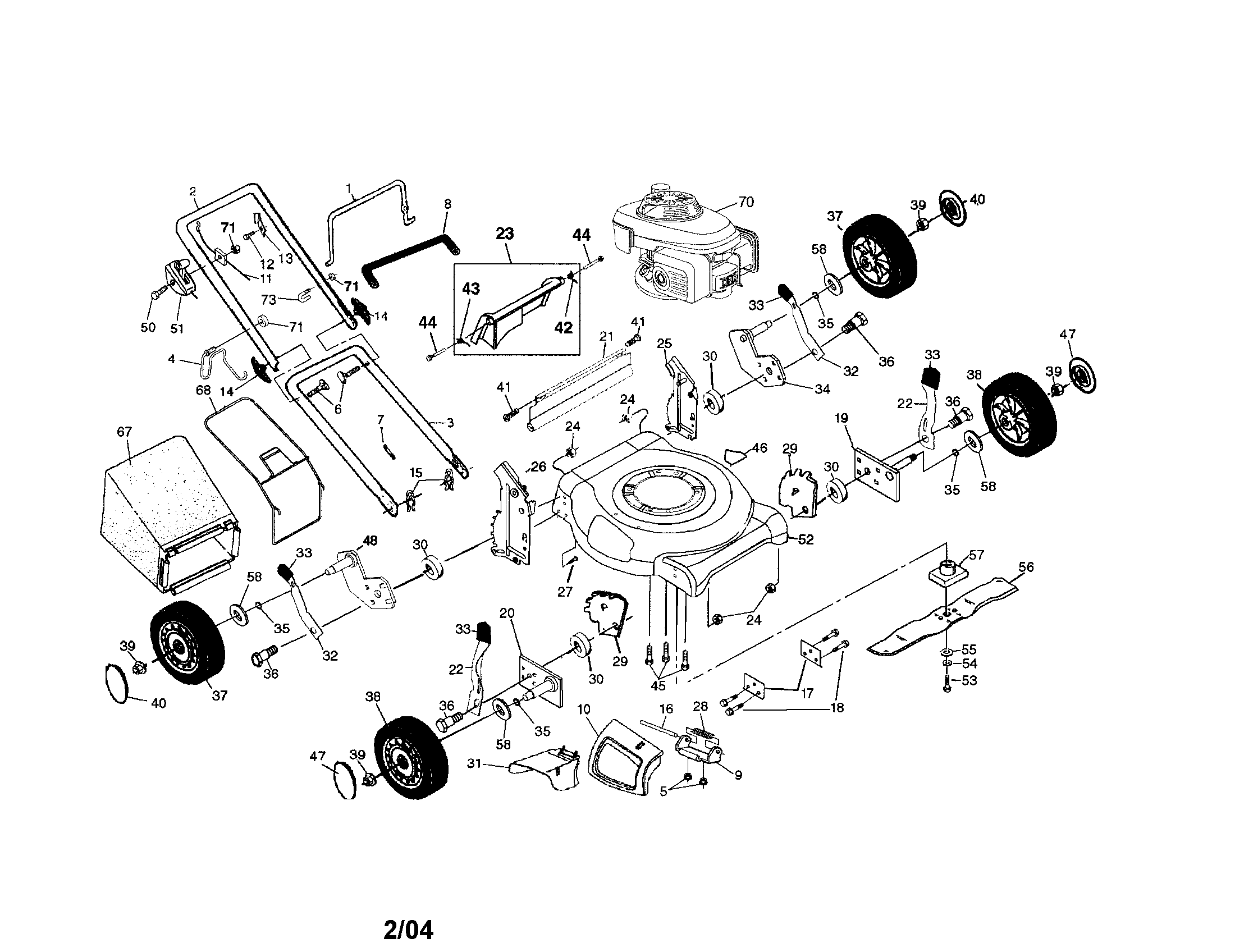 Engine/housing/bag/wheels/handles