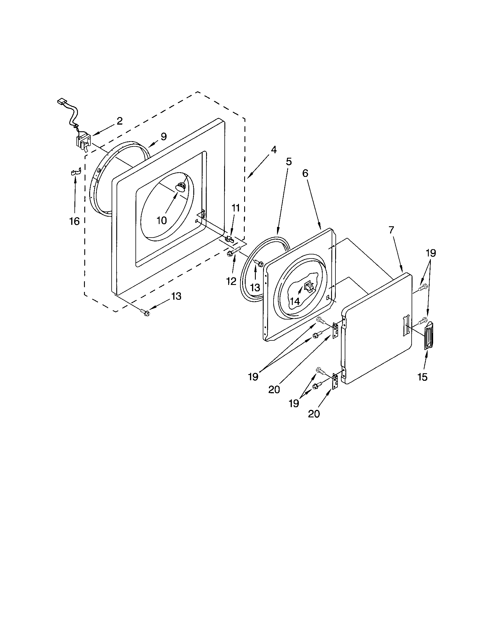 Dryer front panel and door