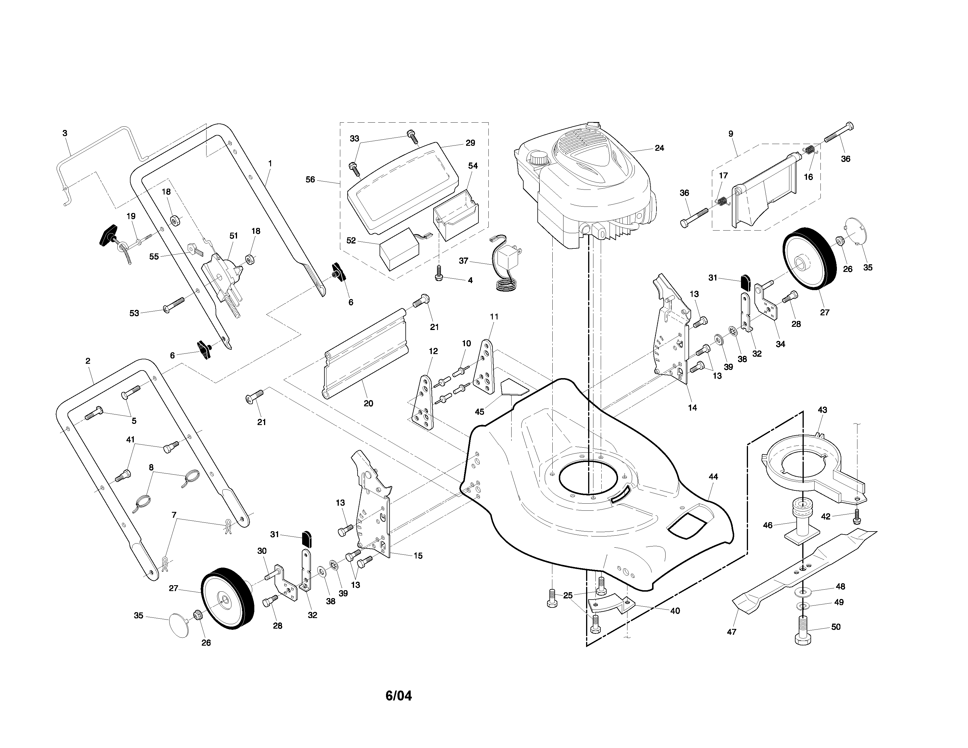 Engine/housing/handle/wheels
