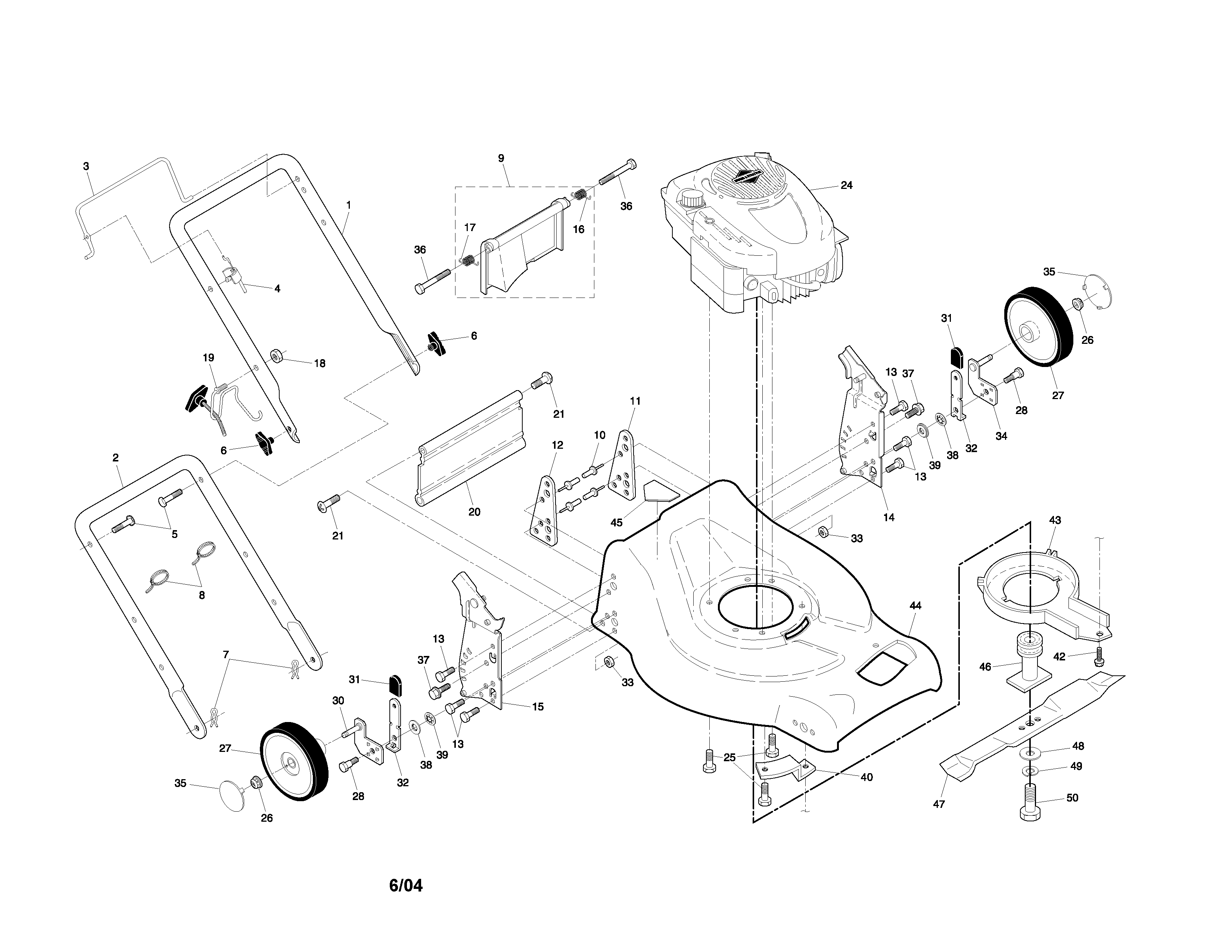 Engine/housing/handle/wheels